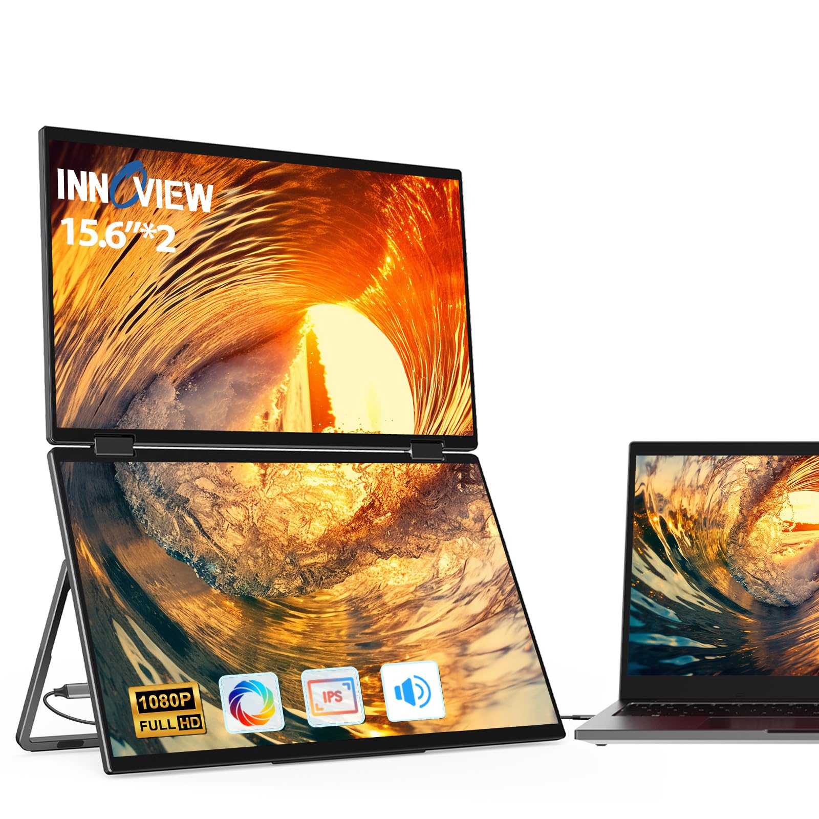 InnoView Laptop Screen Extender 15.6" - دو مانیتورهای جایگزین با تراکم اضافی انعطاف پذیر - سه مانیتور پشت سر هم تاشده (برای ویندوز/مک) - تریپل مانیتور قابل حمل 1080P برای لپتاپ با چرخش خودکار 90°/180° - مشکی 15.6"