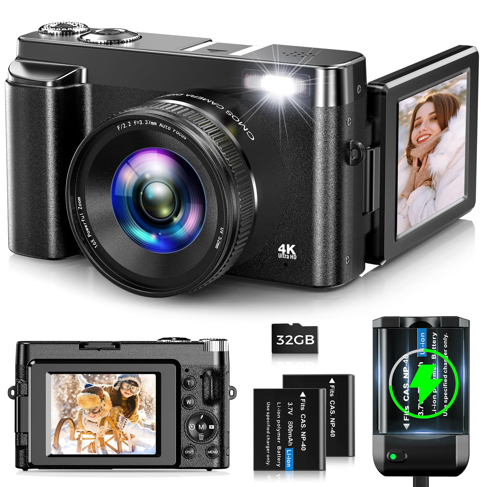 دوربین دیجیتال اویادک، با کیفیت 4K و دقت 48 مگاپیکسل، دارای فوکوس خودکار مناسب برای ولاگینگ، همراه با کارت حافظه 32 گیگابایتی، زوم دیجیتال 16 برابر، دارای صفحه نمایش 3.0 اینچی قابل چرخش 180 درجه و شارژر باتری برای نوجوانان، مبتدیان و بزرگسالان به رنگ مشکی