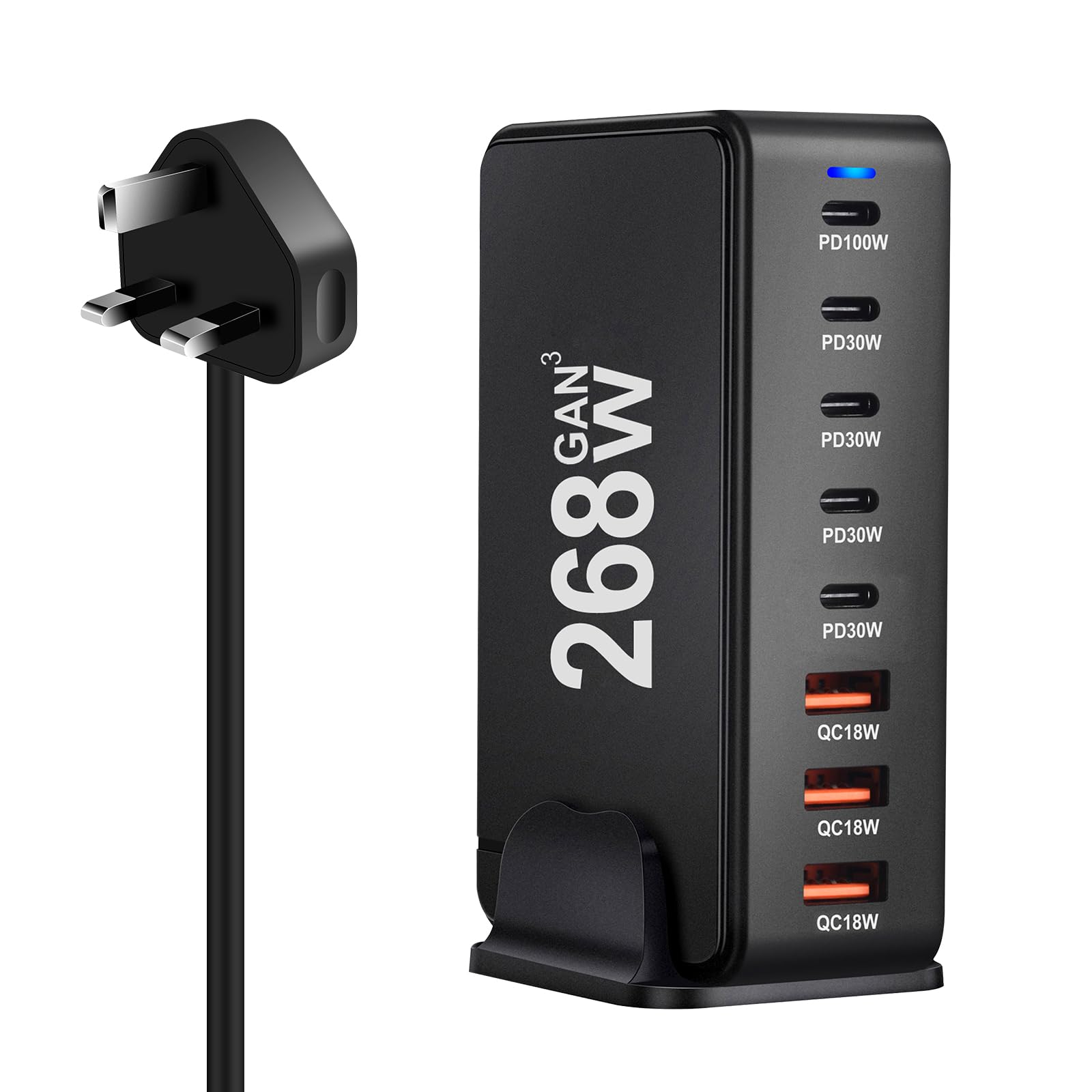 پایین‌رک ۲۶۸وات گان ایستگاه شارژ - شارژر سریع USB-C با ۴ پورت تایپ-سی (۱۰۰وات و ۴ × ۳۰وات) و ۳ پورت USB (QC۱۸وات) - آداپتور شارژر لپ‌تاپ PD ۱۰۰وات برای مک‌بوک، آیفون، گلکسی، آیپد و موارد دیگر (مشکی)