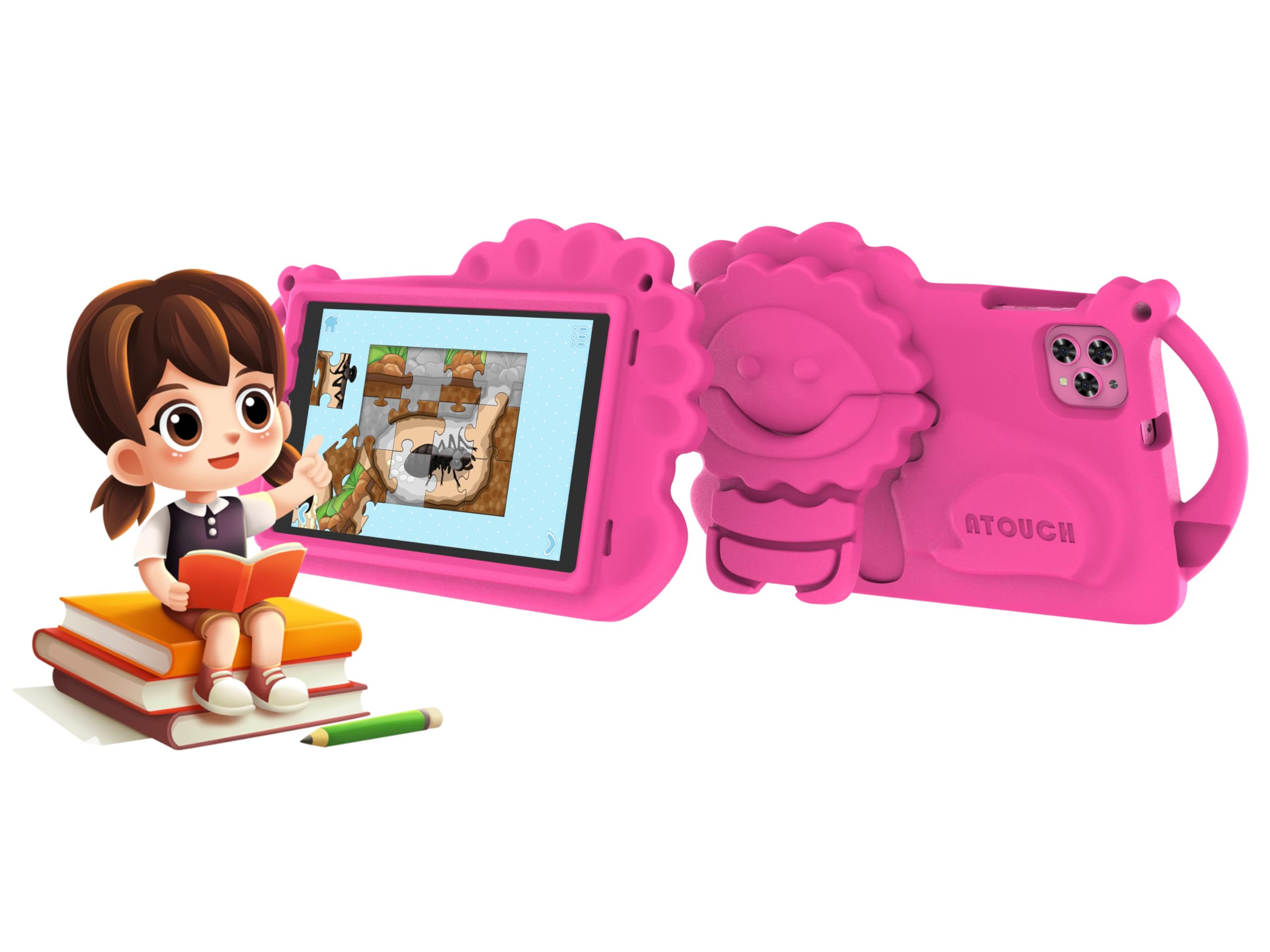 تبلت کودکان Atouch at your heart Kids، تبلت 8 اینچی اندروید 12 برای کودکان، بلوتوث، وای‌فای، کنترل والدین، دو سیم کارت، دوربین دوگانه، آموزشی، بازی‌ها، تبلت کودکانه با قاب محافظ EVA (صورتی)