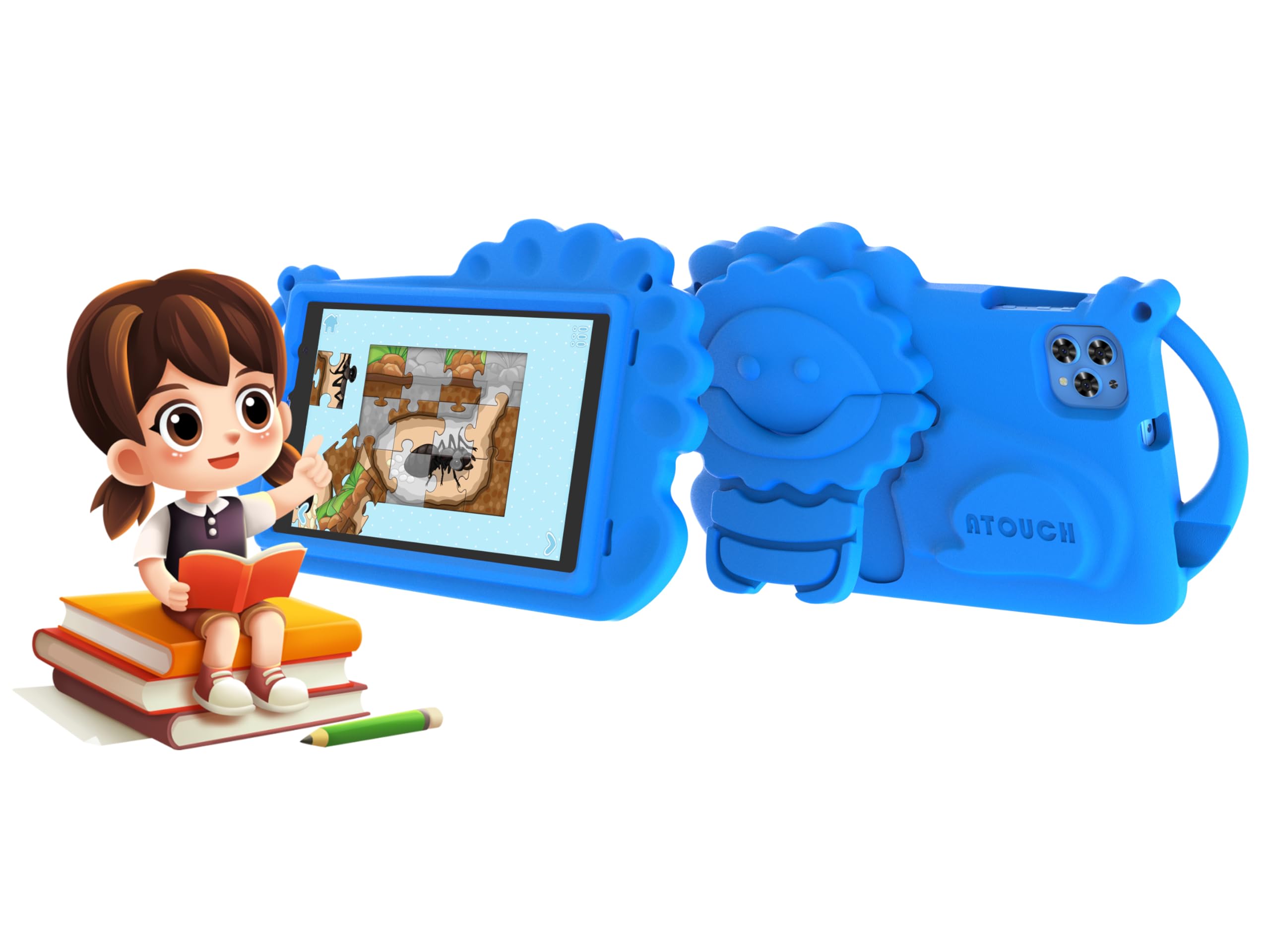 Atouch at your heart Kids Tablet, 8 inch Android 12 Tablet for Kids, Parental Control, Dual SIM, Dual Camera, Educational, Games, Toddler Tablet With EVA Case for 2-5years Kids(Blue)