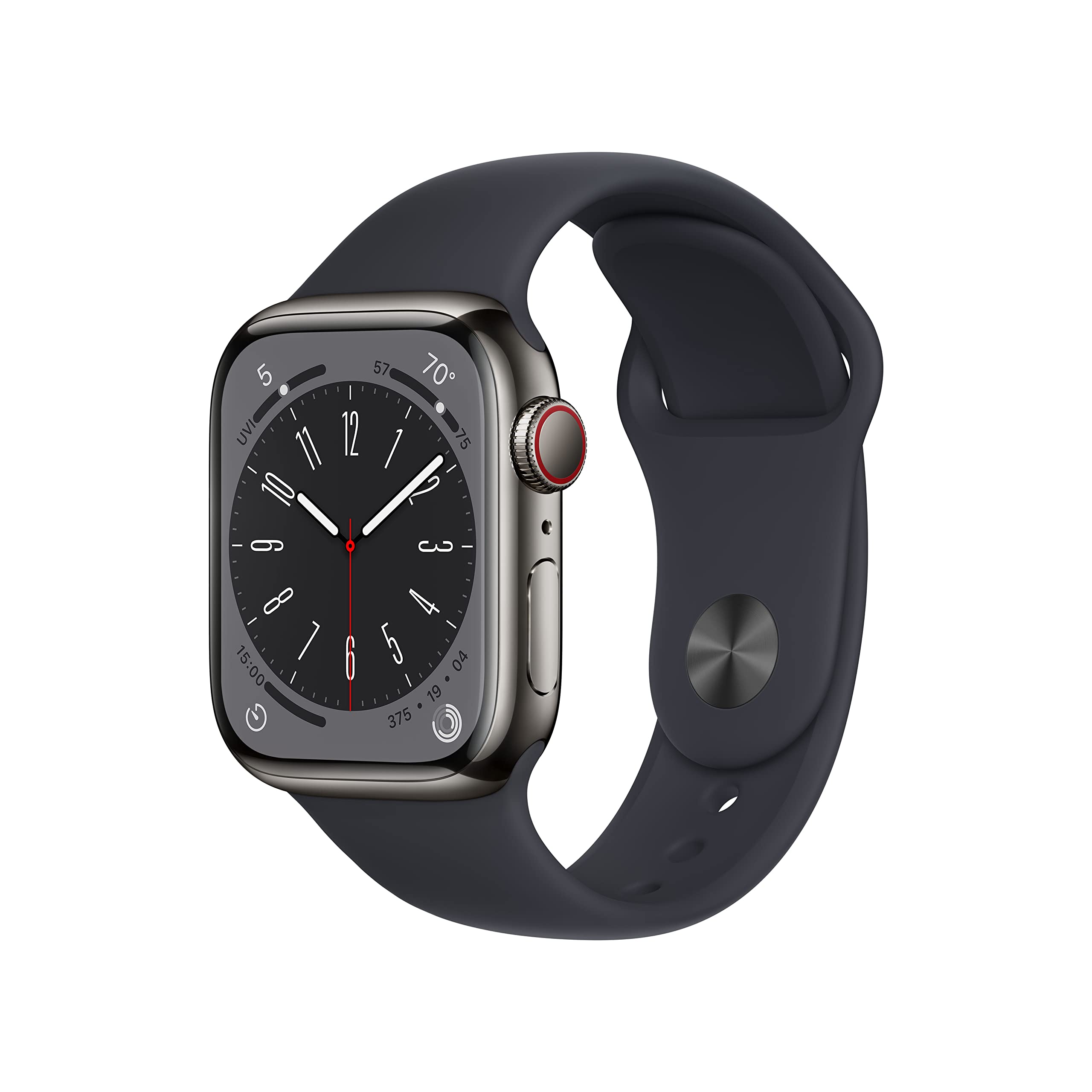 ساعت هوشمند Apple Watch Series 8 جدید (GPS + Cellular 41 میلیمتر) - مورد استیل ضد زنگ گرافیتی با بند اسپرت نیمه‌شبی - معمولی. دنبال‌کننده فیتنس، برنامه‌های اکسیژن خون و الکتروکاردیوگرافی، مقاوم در برابر آب (به روز شده) مورد 41 میلیمتری از استیل ضد زنگ گرافیتی، بند اسپرت نیمه‌شبی