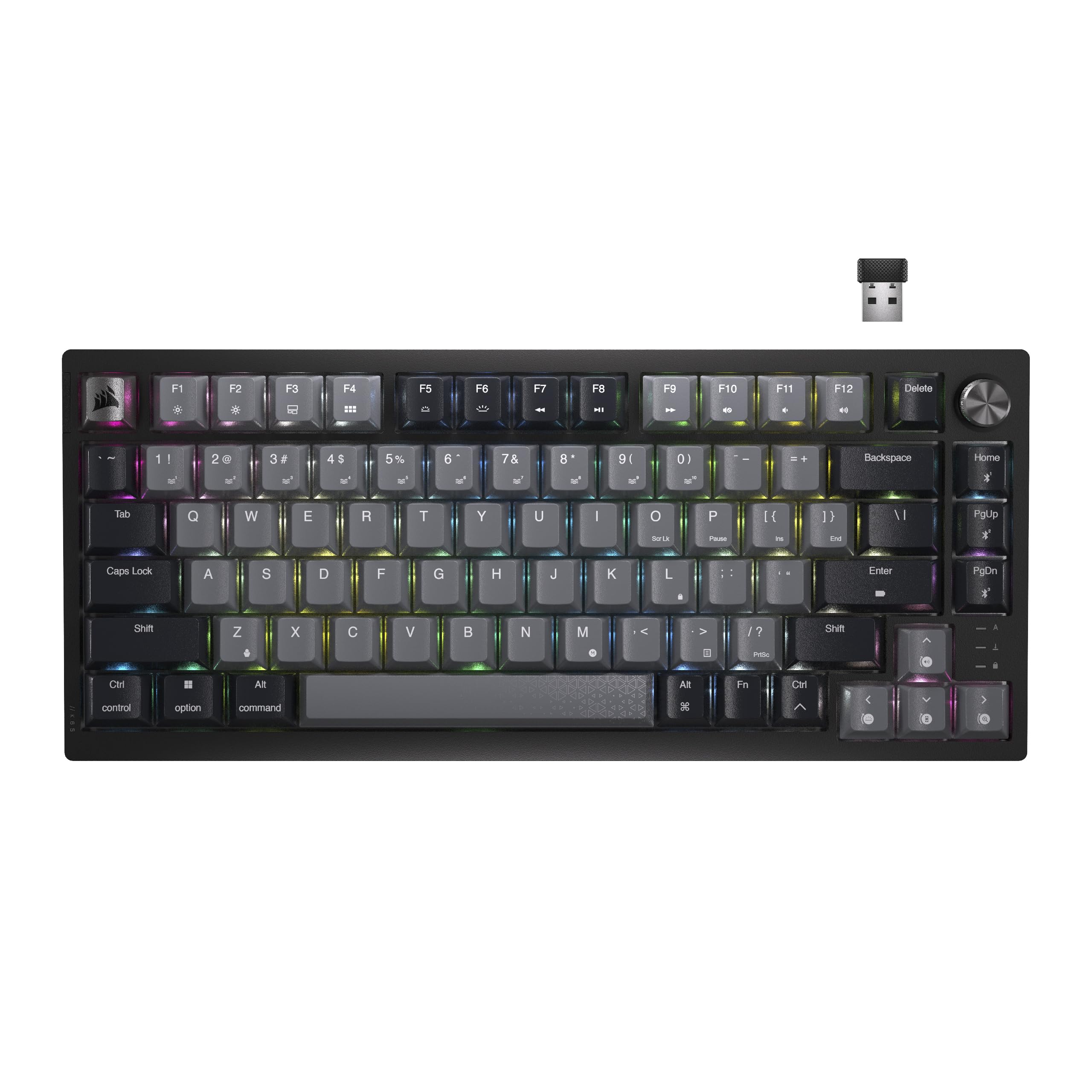 کیبورد بازی مکانیکی بی‌سیم Corsair K65 Plus Wireless 75% RGB با تعویض راحت کلیدها - سوییچ‌های خطی قرمز MLX با لوبریکیشن پیشرفته - کاهش دو لایه‌ای نویز - کی‌کپ‌های PBT - صفحه‌کلید QWERTY NA - مشکی