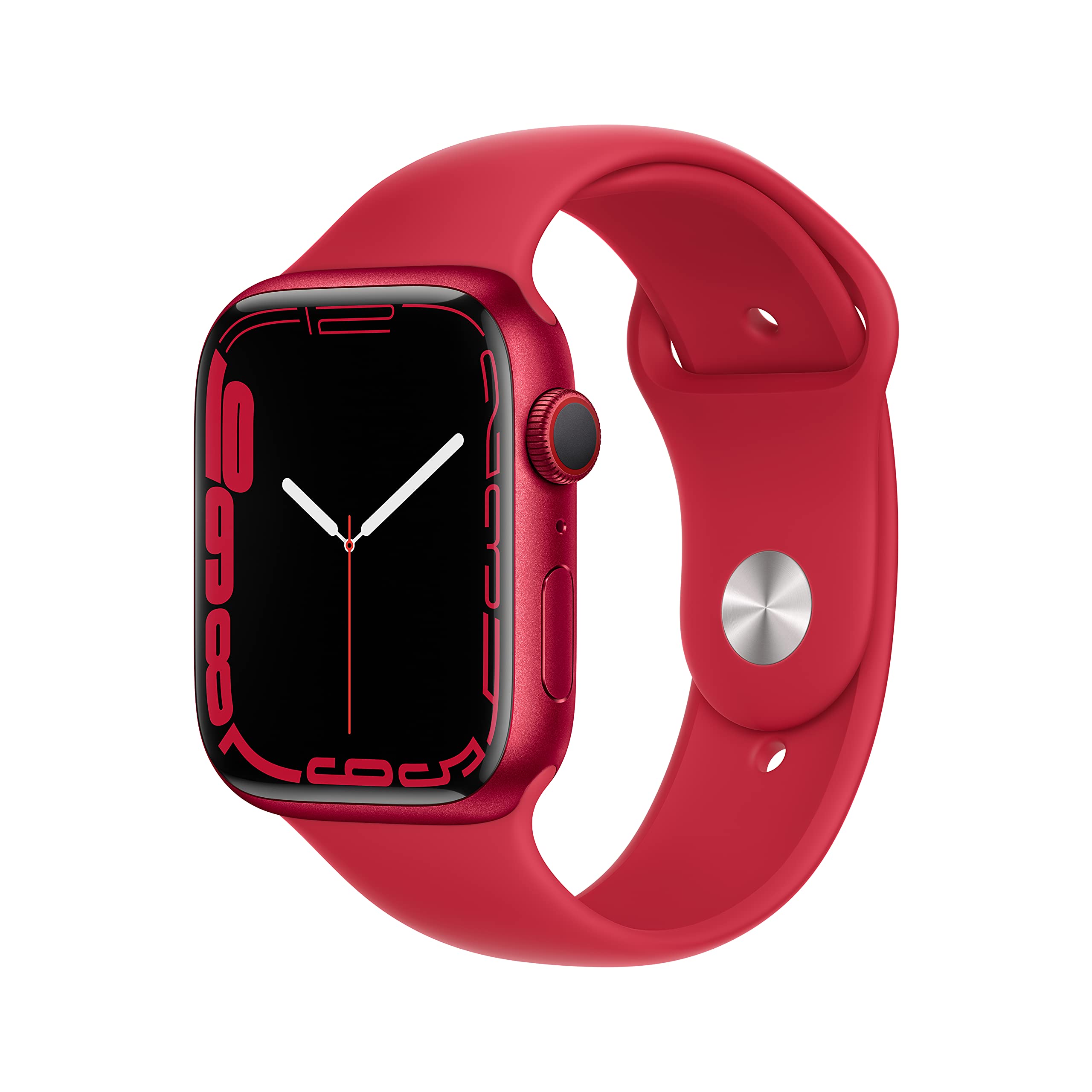 ساعت هوشمند Apple Watch Series 7 (GPS + Cellular، 45 میلی‌متر) - قاب آلومینیومی رنگ قرمز (PRODUCT) RED با بند اسپرت قرمز (PRODUCT) RED. دارای امکانات پیگیری ورزشی، اکسیژن خون و نرمال‌نگار قلب، مقاوم در برابر آب (تجدید نظر شده). قاب آلومینیومی رنگ قرمز 45 میلی‌متر (PRODUCT)RED، بند اسپرت قرمز