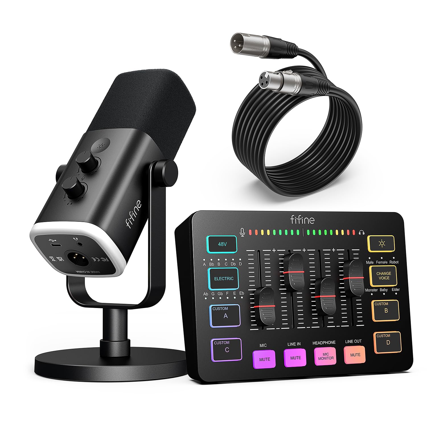 مجموعه تجهیزات بازی FIFINE، میکروفون بازی Dynamic XLR/USB با میکسر صوتی استریمینگ برای ضبط پادکست ویدیویی صدا، مجموعه گیمر RGB با فدر حجم/رابط XLR برای PC-AmpliGame KS5 سیاه
