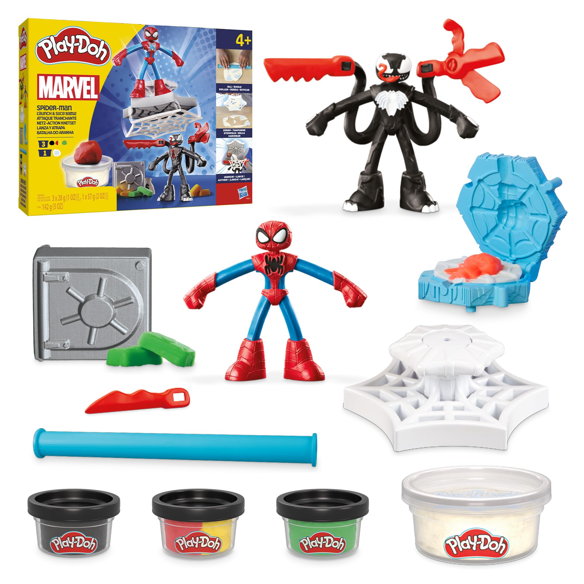 مجموعه بازی Play-Doh Marvel Spider-Man Launch & Slice Battle با 2 فیگور اکشن قابل خم شونده و 7 لوازم جانبی، اسباب بازی تخیلی برای پسران و دختران 4 سال و بالاتر، مجموعه بازی Spider-Man Net Action Kneading