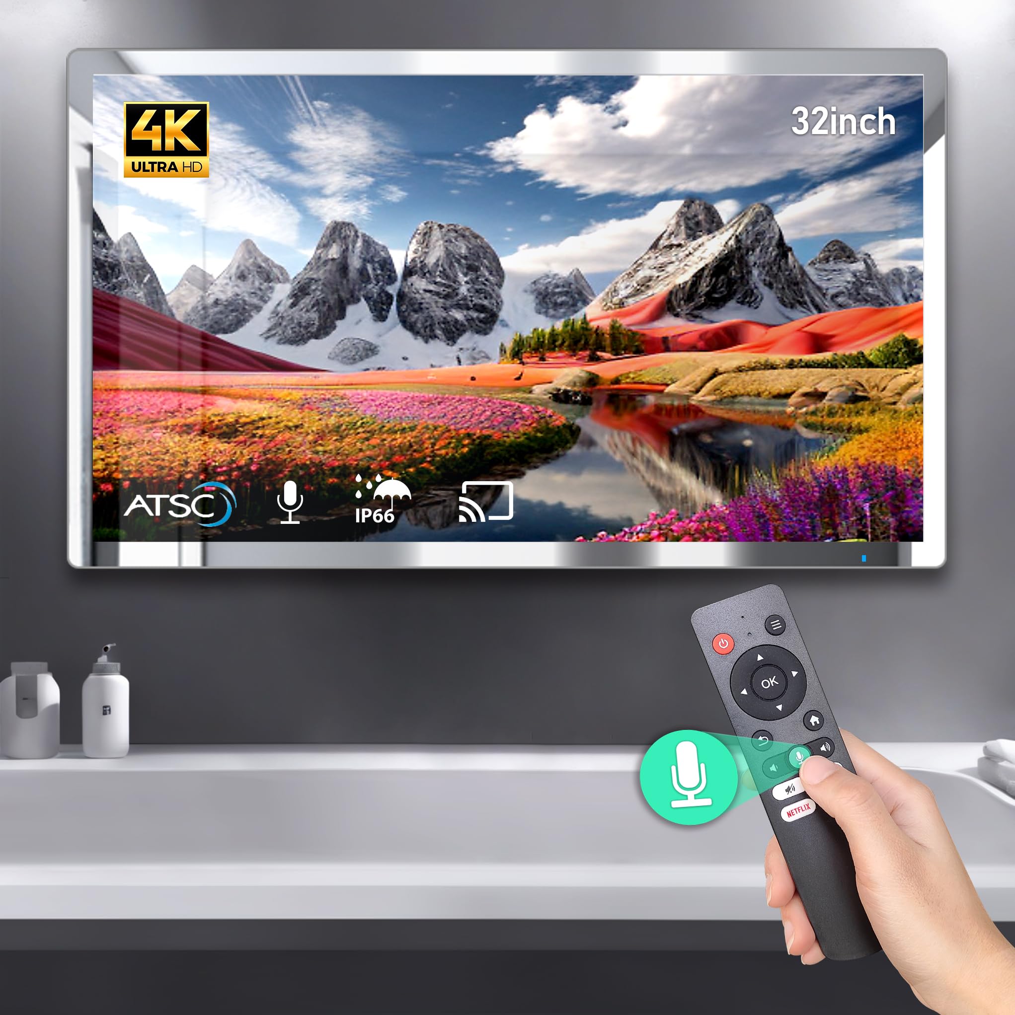 تلویزیون آینه هوشمند Leotachi 4K Ultra HD با ابعاد 32 اینچ، سطح بالا، IP66 ضدآب، سیستم عامل اندروید، پشتیبانی از کنترل از راه دور صوتی با Google Assistant، دارای تیونر ATSC داخلی، پورت HDMI (ARC)، SPDIF بلوتوث، وای-فای.
