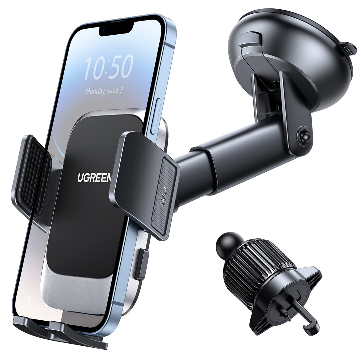 UGREEN Car Phone Holder Car Mount
نگهدارنده تلفن همراه خودرو UGREEN

Upgraded 4-in-1 Dashboard/Air Vent/Windscreen
به روز رسانی شده 4 در 1 داشبورد/تهویه هوا/پنجره جلو

One-button Release
لت یک دکمه‌ای

Metal Hook Mobile Holder
نگهدارنده موبایل با قلاب فلزی

Fit for iPhone 16/15/14, Samsung S25/24/23, 4.7-7.2" Accessories 2-in-1 Suction & Hook
مناسب برای آیفون 16/15/14، سامسونگ S25/24/23، 4.7-7.2 اینچ لوازم جانبی 2 در 1 جذب و قلاب