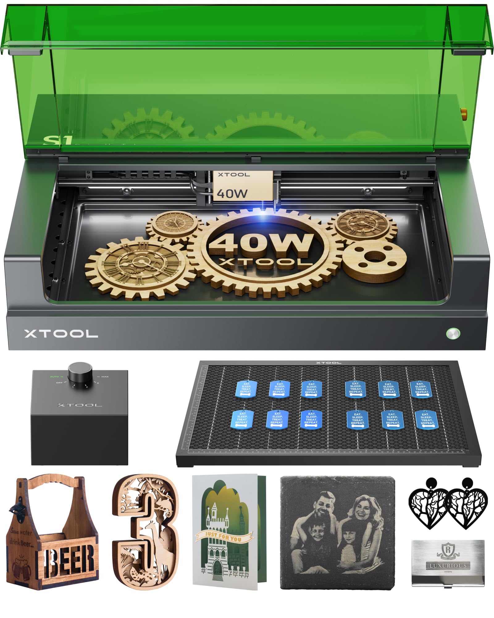 دستگاه برش و حکاکی لیزری فرستنده xTool S1 40W با هواکمک و شبکه عسلی، ابعاد 419 * 319 میلیمتر برای فرآیند دسته‌ای، دستگاه برش و حکاکی لیزری با سرعت 600 میلیمتر بر ثانیه برای چوب، فلز، آکریلیک، شیشه و...