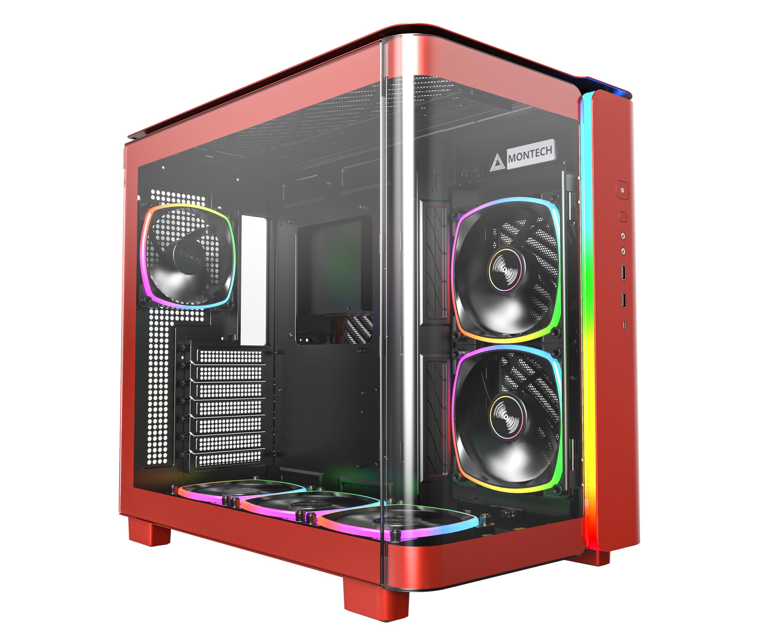 MONTECH، کیس King 95 PRO Dual-Chamber ATX Mid-Tower برای بازی در کامپیوتر، با فضای باد بالا، پنل‌های بدون نیاز به ابزار، جلوی شیشه‌ای مقاوم و منحنی، شش فن ARGB PWM از پیش نصب شده با Fan Hub، قرمز KING 95 PRO.
