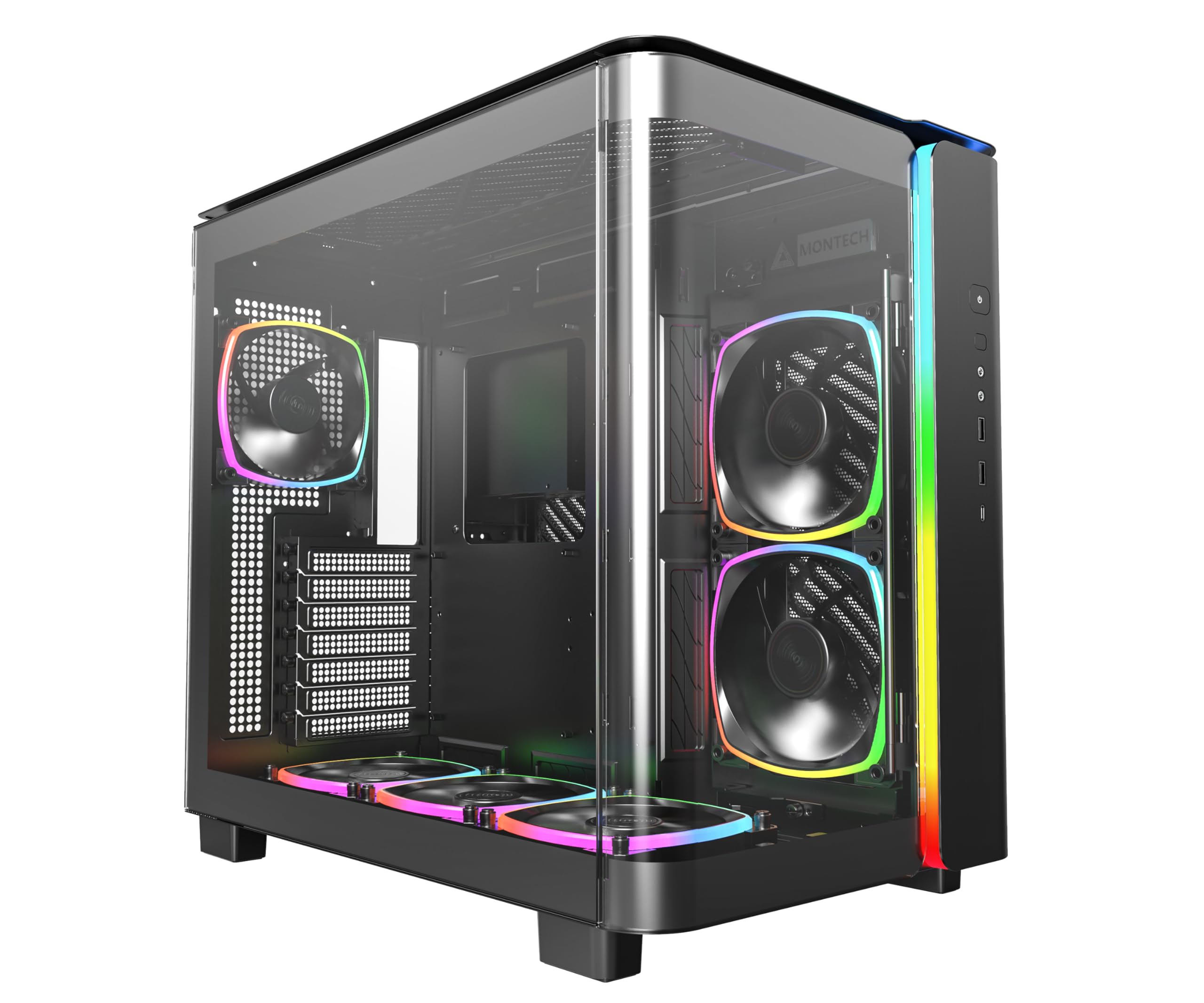 MONTECH King 95 PRO Dual-Chamber ATX Mid-Tower PC Gaming Case, باکس بازی کامپیوتری با لوازم بالا، پنل‌های بدون ابزار، جلوی شیشه‌ای مقاوم منحنی، شش فن PWM ARGB پیش‌نصب شده با Fan Hub، King 95 PRO سیاه، ایالات متحده