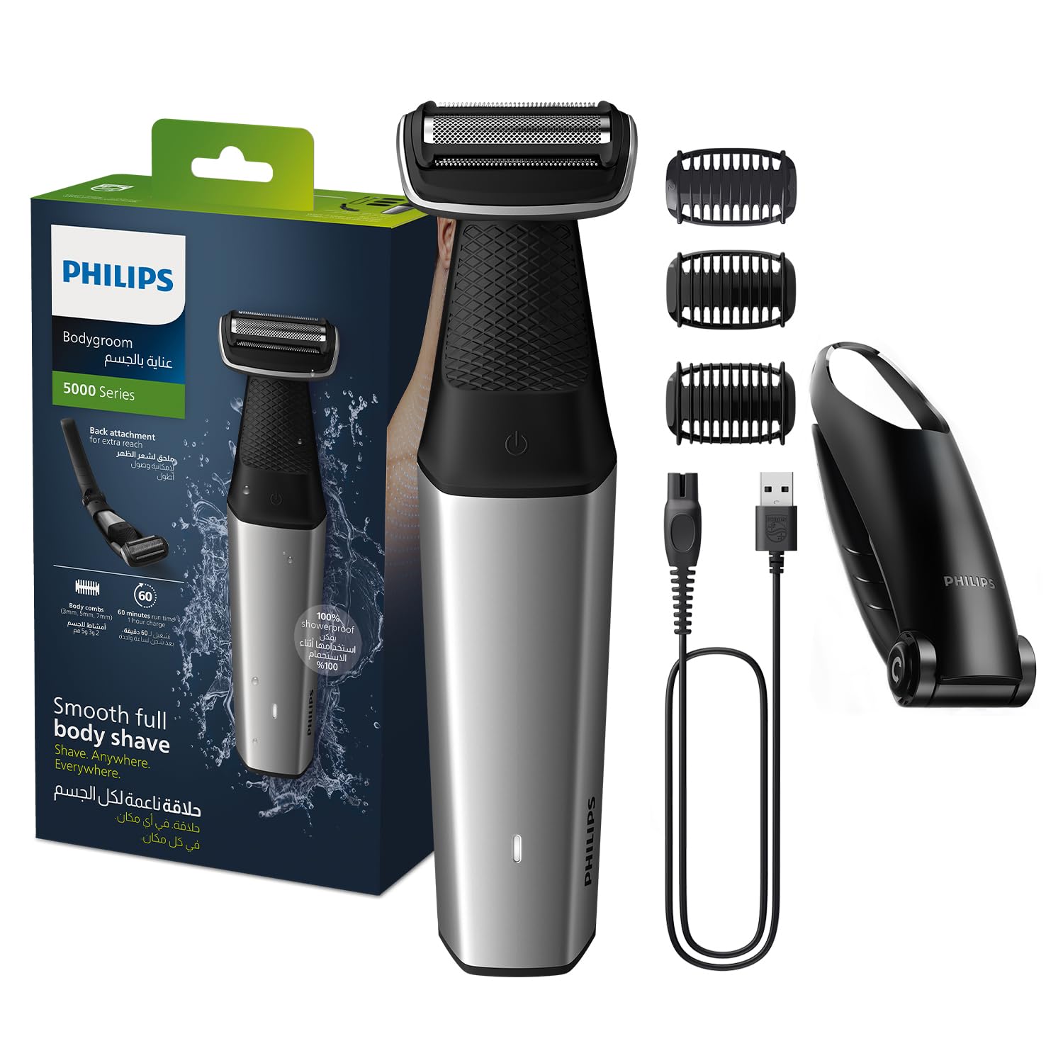 Philips Bodygroom BG5021/15 | تریمر بدن و شکم قابل استحمام | اصلاح کننده بدن، 3 دستگاه قد برش، 60 دقیقه بی‌سیم، محافظت از پوست، پیوستند اندام‌های پشت بدن [جدید] BG5021/15 - سری 5000