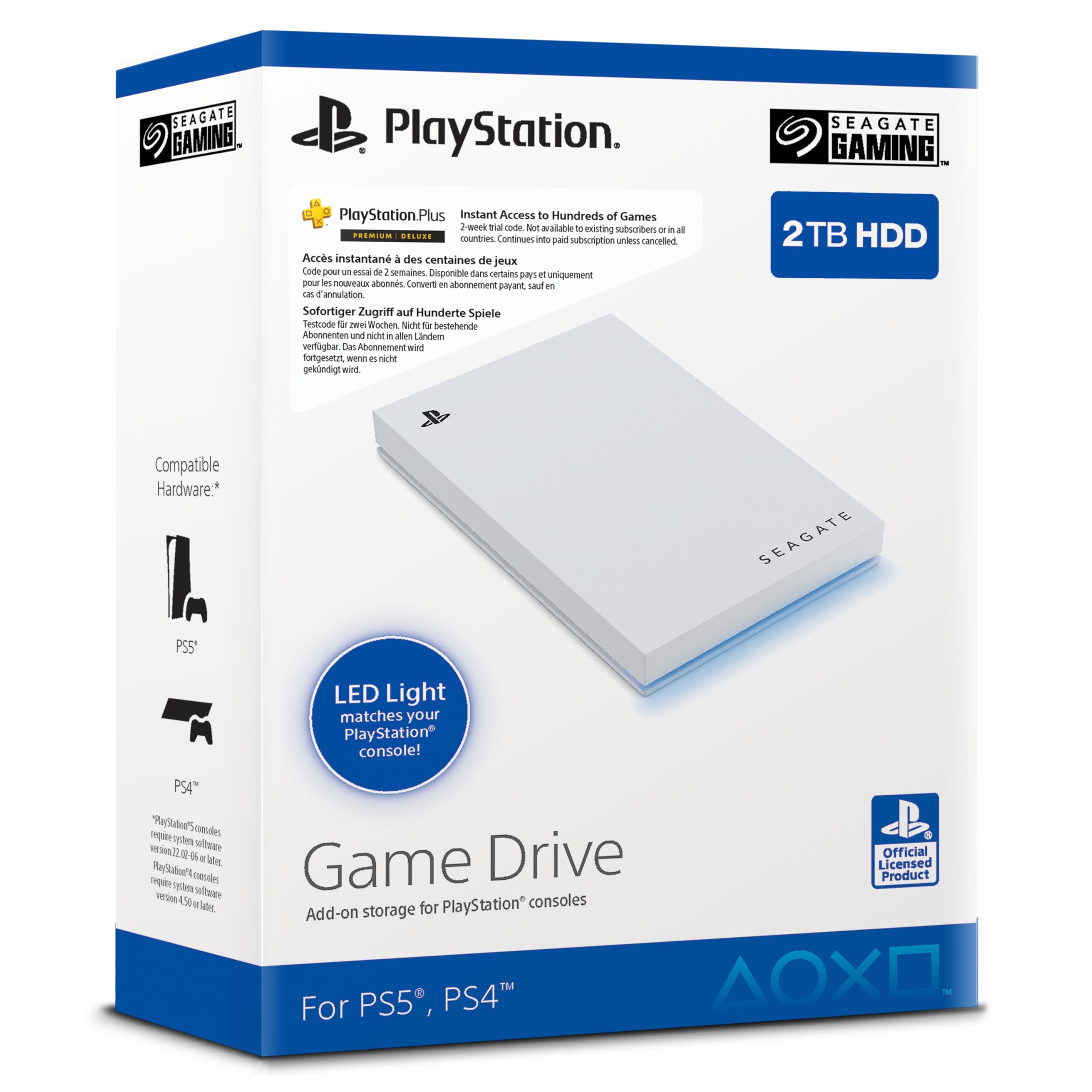 دیسک بازی Seagate برای PS4/PS5، 2 ترابایت، هارد دیسک اکسترنال، 2.5 اینچ، USB 3.0، مجوز رسمی، نور LED آبی، همراه با 2 هفته اشتراک Playstation+ (STLV2000202) PS4/PS5 با نور LED سفید 2 ترابایت