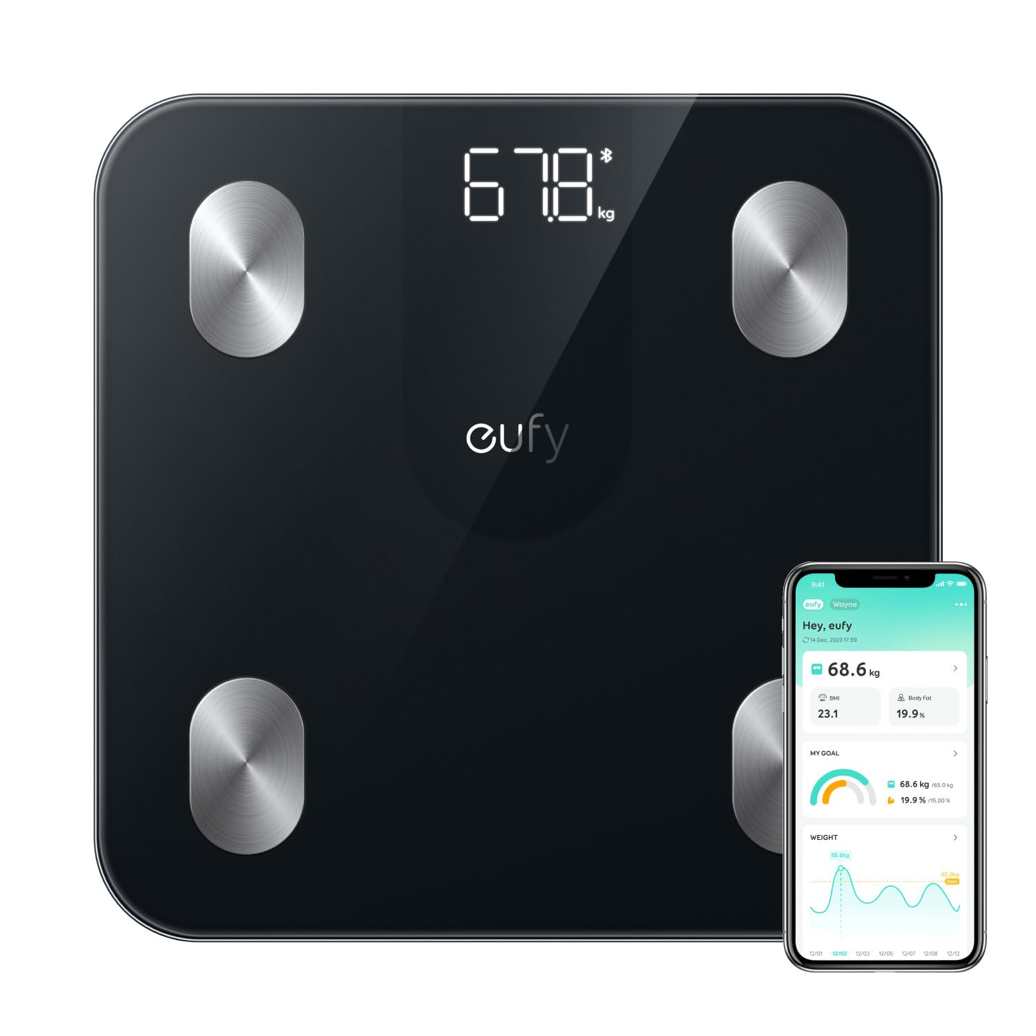 ترجمه‌ی این متن به زبان فارسی اینگونه است: 
eufy Smart Scale A1 with Bluetooth, Body Fat Scale, Wireless Digital Bathroom Scale, 12 Measurements, Weight/Body Fat/BMI, Fitness Body Composition Analysis, Black, lbs/kg. Smart Scales A1