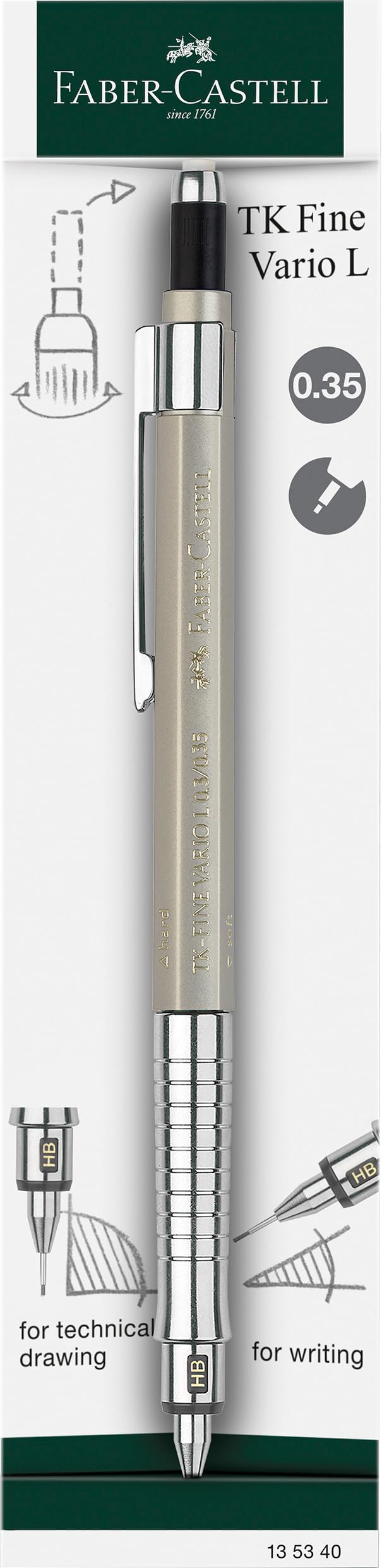 مداد مکانیکی Faber-Castell TK-Fine Vario L 0.35 میلی‌متر در رنگ طلای شامپاین، نرم: مکانیزم محافظ قلم برای نوشتن عمومی سخت: مکانیزم تثبیت مایع برای طراحی و نقشه کشی
