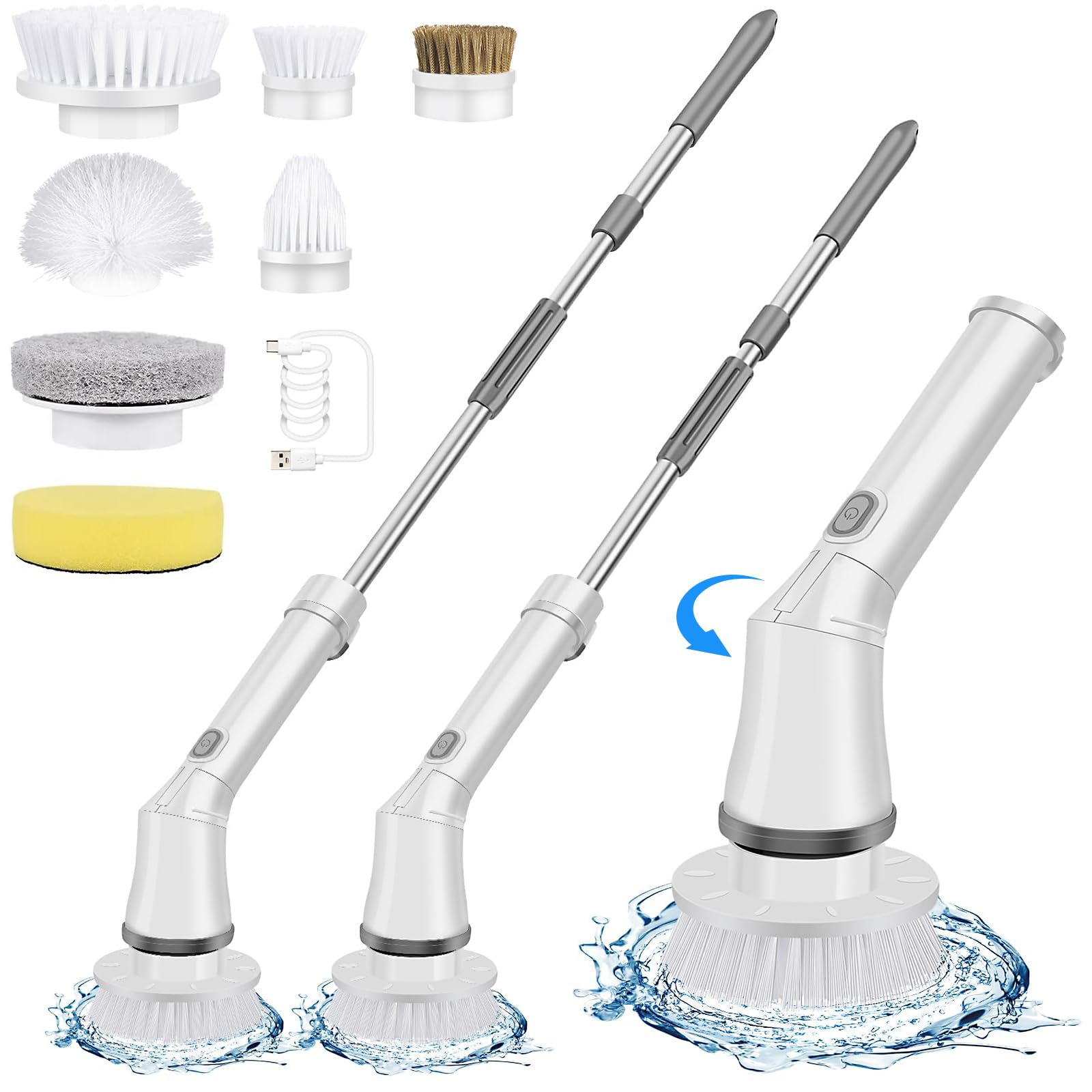 پونیکوزی اسکرابر الکتریکی برای تمیزکاری بی‌سیم با 7 سر دسته معیار قابل تعویض، 2 سرعت قابل تنظیم و دسته باریک جداشدنی
