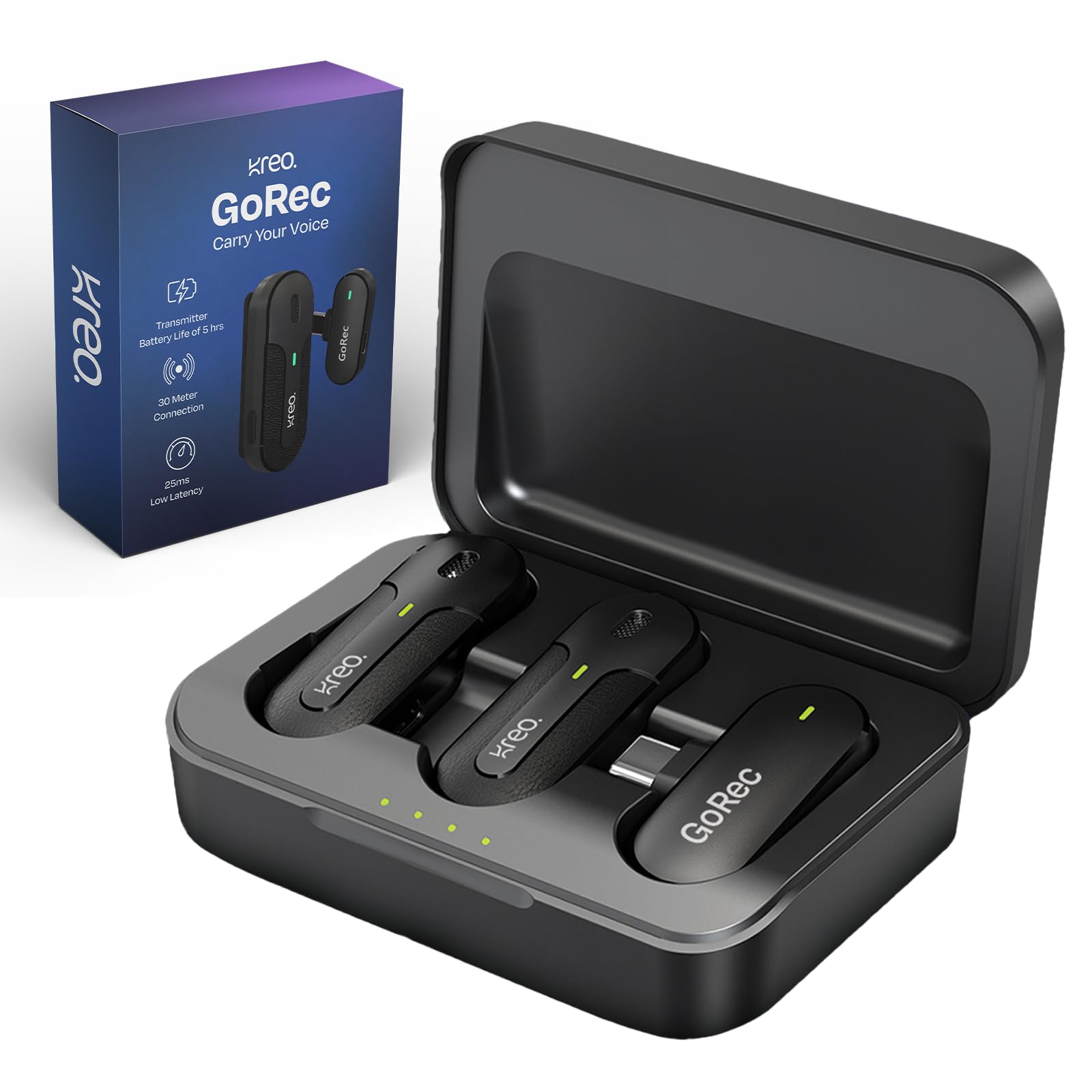 میکروفون بی‌سیم حرفه‌ای Kreo GoRec، دو فرستنده با کیف شارژ، پشتیبانی از USB نوع C، عمر باتری طولانی و تاخیر بسیار کم، سبک و کوچک، دارای دامنهٔ گسترده
