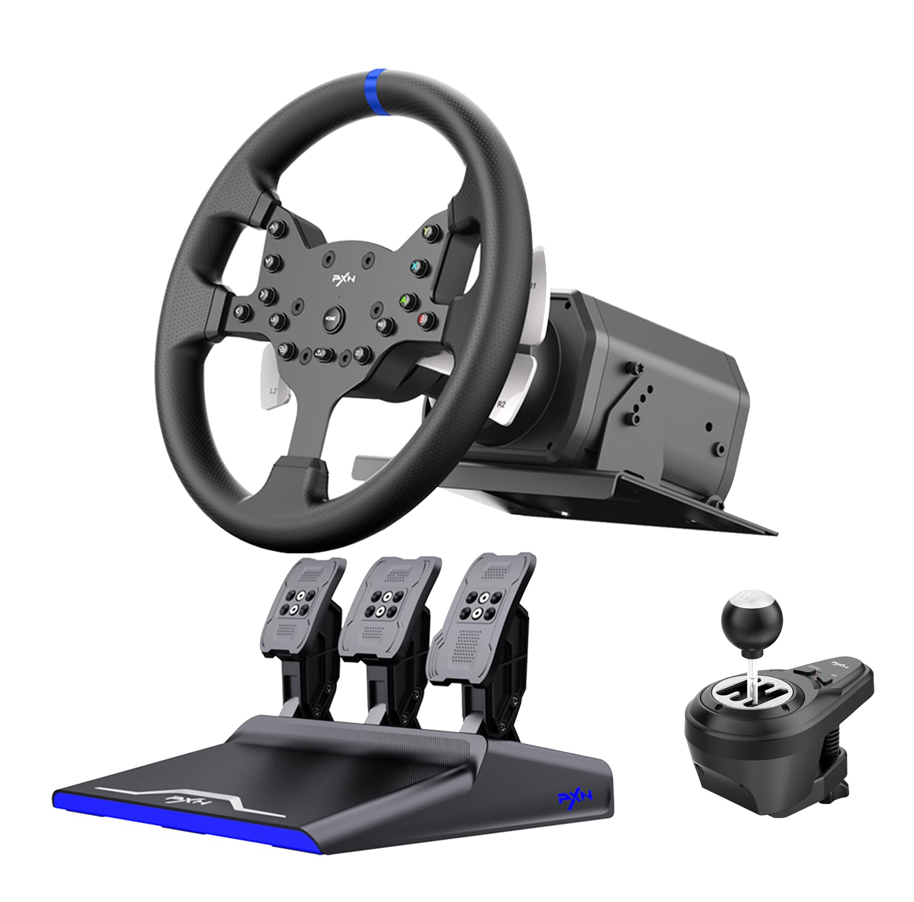 فرمان بازی PXN-V99، فرمان گیمینگ 270/900 درجه با بازخورد نیروی 3 نیوتن-متر، دارای قابلیت تفکیک، با پدال هال مغناطیسی اندازه‌گیری القای مغناطیسی، دارای شیفت 6+1 دنده برای بازی، برای PS4/PS3/Xbox One