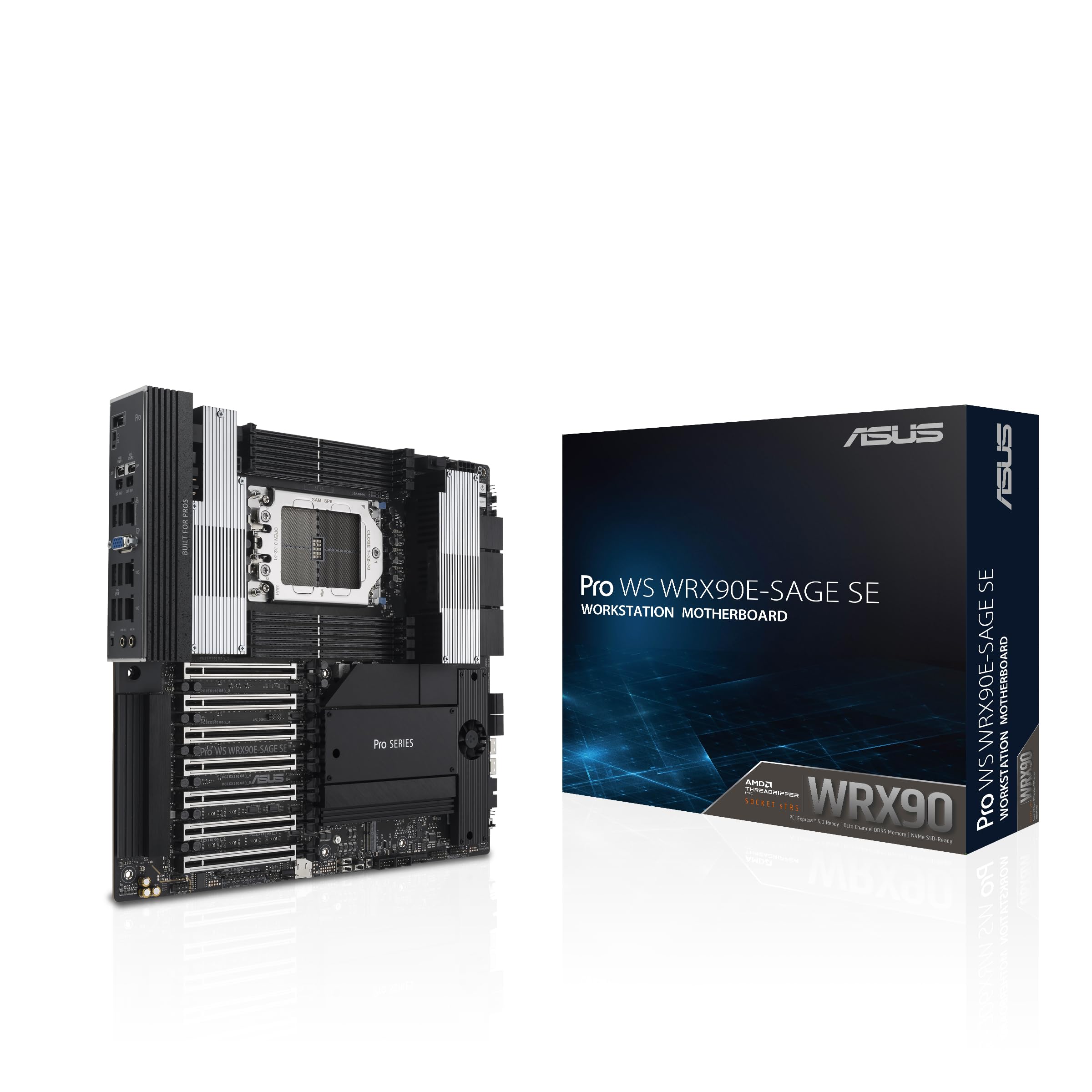 مادربورد ایسوس Pro WS WRX90E-SAGE SE EEB، پردازنده AMD Ryzen™ Threadripper™ PRO 7000 WX-Series، ECC R-DIMM DDR5، 32 استیج توان، 7xPCIe 5.0x16، PCIe 5.0 M.2، 10Gb & 2.5Gb LAN، پشتیبانی از چند کارت گرافیک