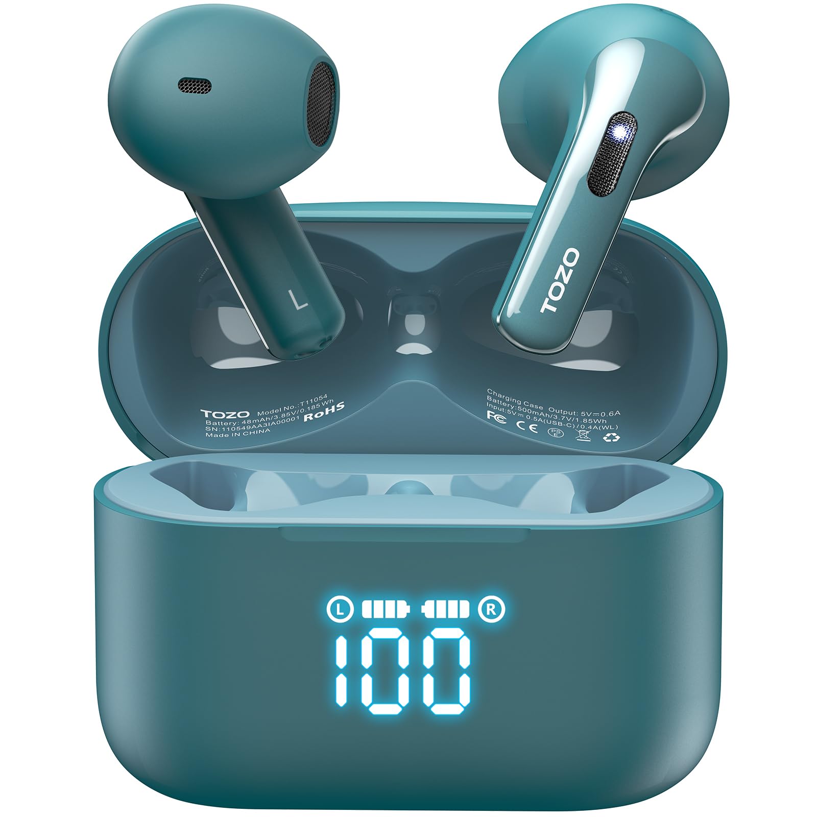 هدفون بی‌سیم TOZO T21، هدفون بلوتوث 5.3، نیمه درون گوش با دو میکروفون حذف نویز، ضدآب IPX8، 44 ساعت پخش مداوم با صدای استریو با نمایشگر وضعیت باتری در گوشی شارژ بی‌سیم - سبز