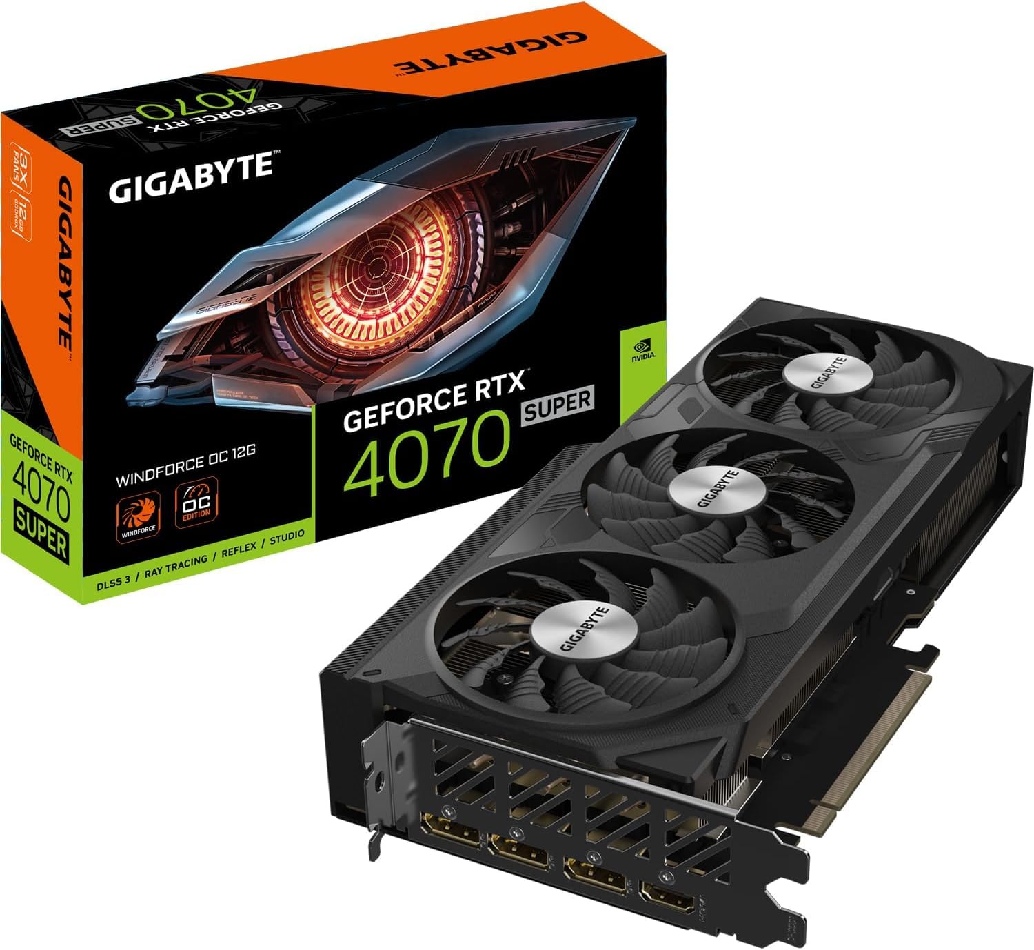 کارت گرافیک Gigabyte GeForce RTX 4070 SUPER WINDFORCE OC - هسته 2505MHz ، حافظه 12GB GDDR6X با فرکانس 21000MHz 192 بیت ، PCI-E 4.0 ، 3x DP 1.4 ، 1x HDMI 2.1a ، NVIDIA DLSS 3.5 ، GV-N407SWF3OC-12GD WINDFORCE Single