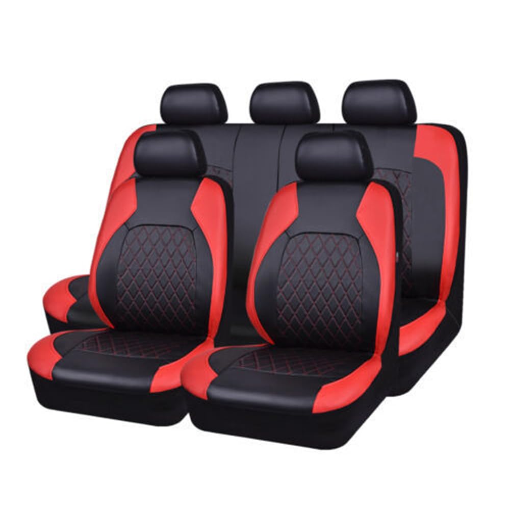 Eacam Car Seat Covers Full Set - Leather Seat Covers, Luxury 5 Seats Universal Black Seat Covers for Cars, Waterproof Seat Protectors, Leatherette Automotive Vehicle Cover for Cars SUV Red