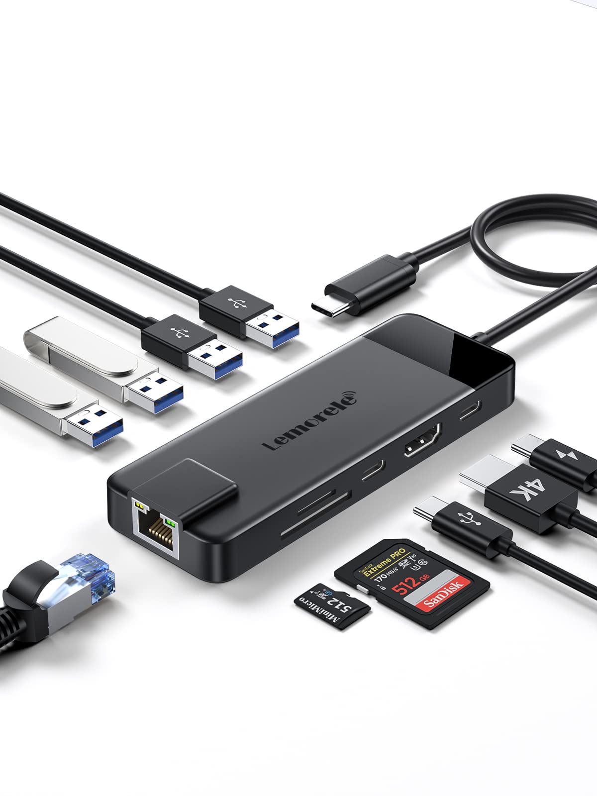 پورت USB C Lemorele - داک USB C 10 در 1، آداپتور چندپورت USB C با اترنت 1Gbps ، HDMI 4K ، 4 پورت USB 3.0 / 2.0 ، USB C 3.0 ، پشتیبانی از PD 100W ، SD/TF ، ایستگاه داک USB C برای مک بوک ایر / پرو ، سوئیچ TC93 10 در 1