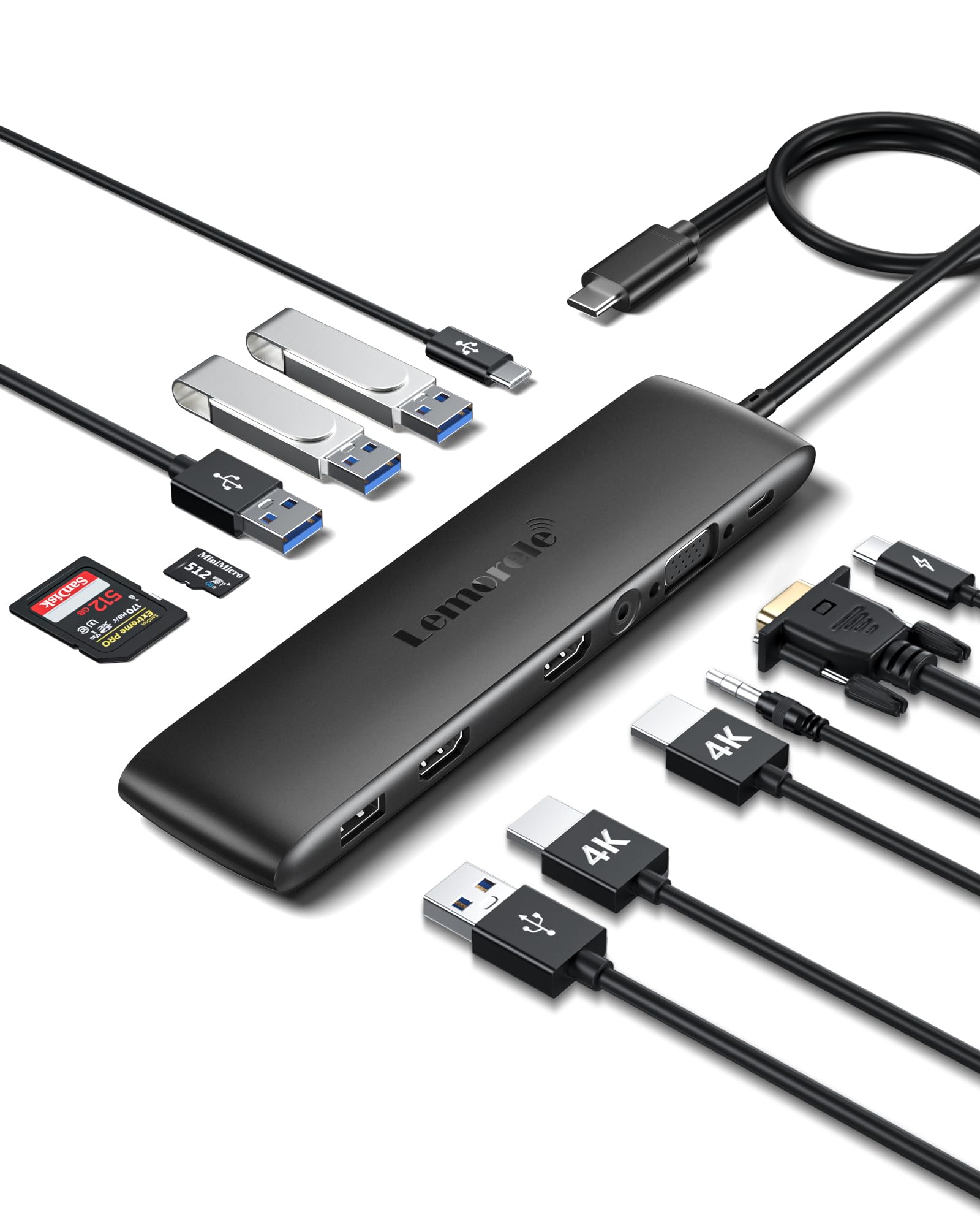 ایستگاه داک دوگانه USB C Lemorele برای لپ‌تاپ‌های Dell/HP/Lenovo/Surface، 12 در یک هاب USB C تریپل دیسپلی با دو پورت HDMI 4K+VGA+10Gbps، 2 پورت USB3.2+2 پورت USB2.0+100W PD+پورت دیتا USB C+پورت SD/TF+صدا TC97 12 در یک