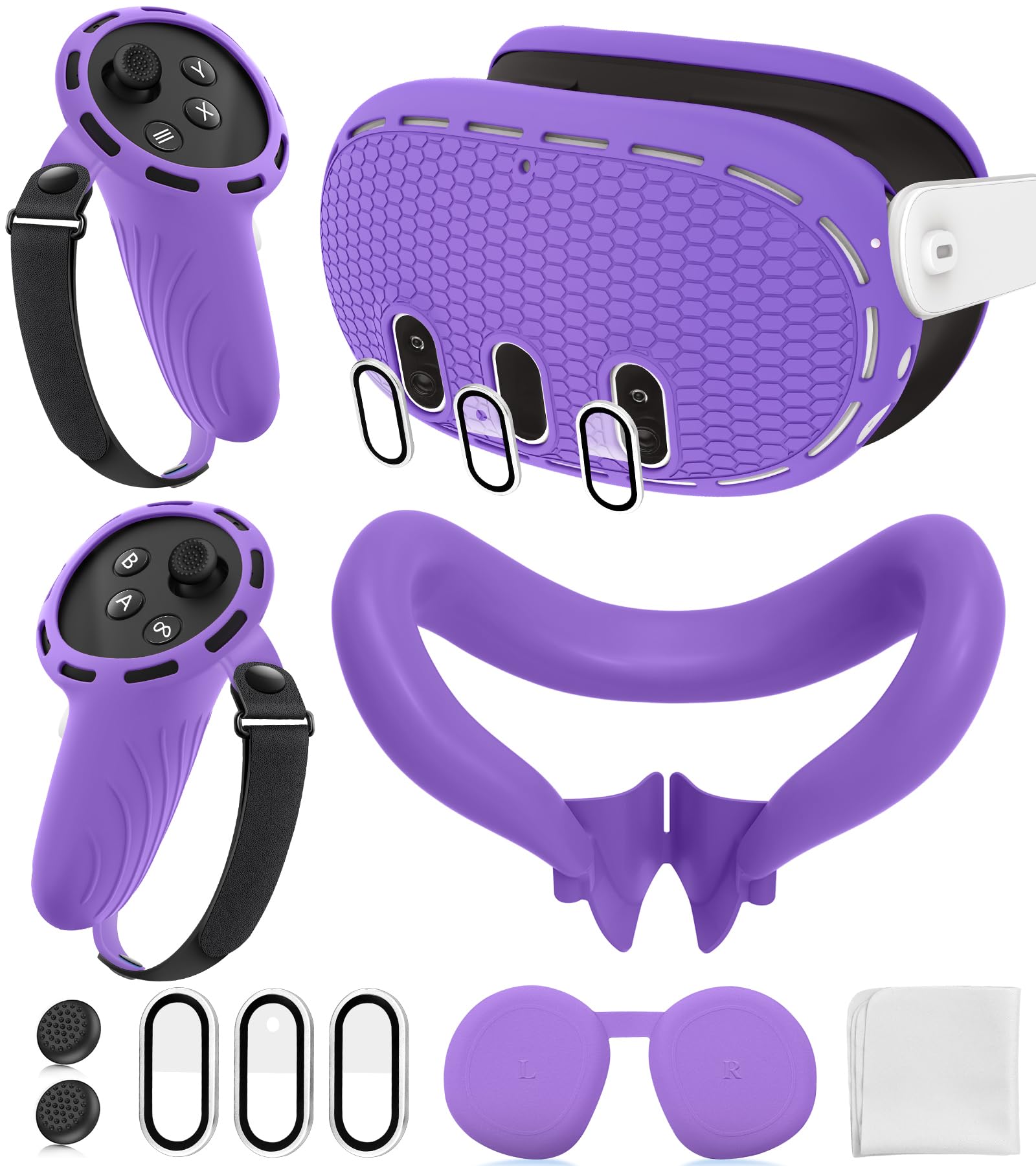 مجموعه کاور سیلیکون قابل استفاده با لوازم جانبی Oculus/Meta Quest 3، کاور های گریپ کنترلر لمسی، کاور شل وریتوال، کاور رابط صورت، کاور لنز محافظ، کپ لنز شیشه ای تمپرد (بنفش)