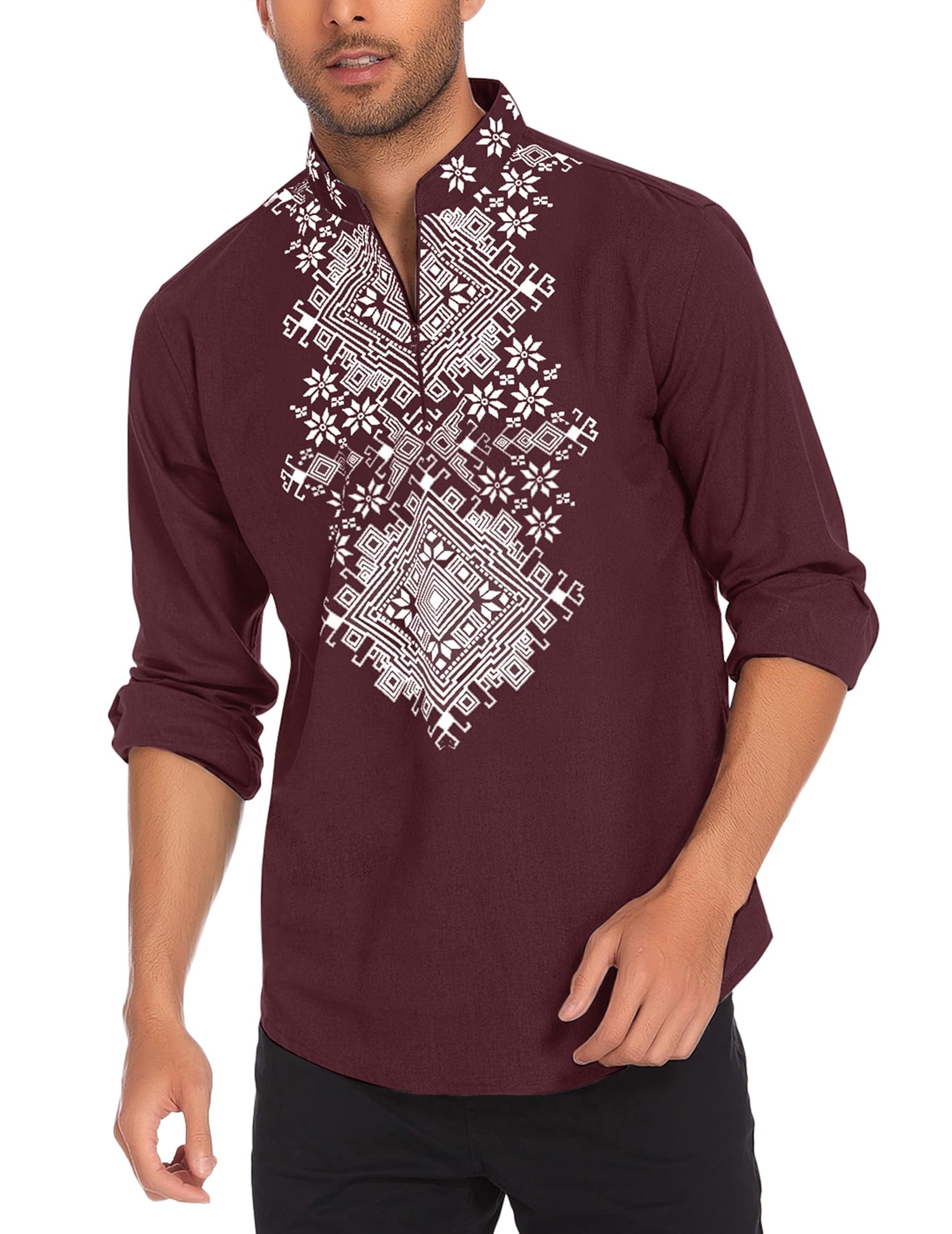 پیراهن Henley مردانه COOFANDY با زیپ، مانگوه‌های آفریقایی و طرح‌های چاپ شده بر روی پارچه پنبه و کتان، کتان اژدها در سایز ۳XL رنگ سرخ تاریک