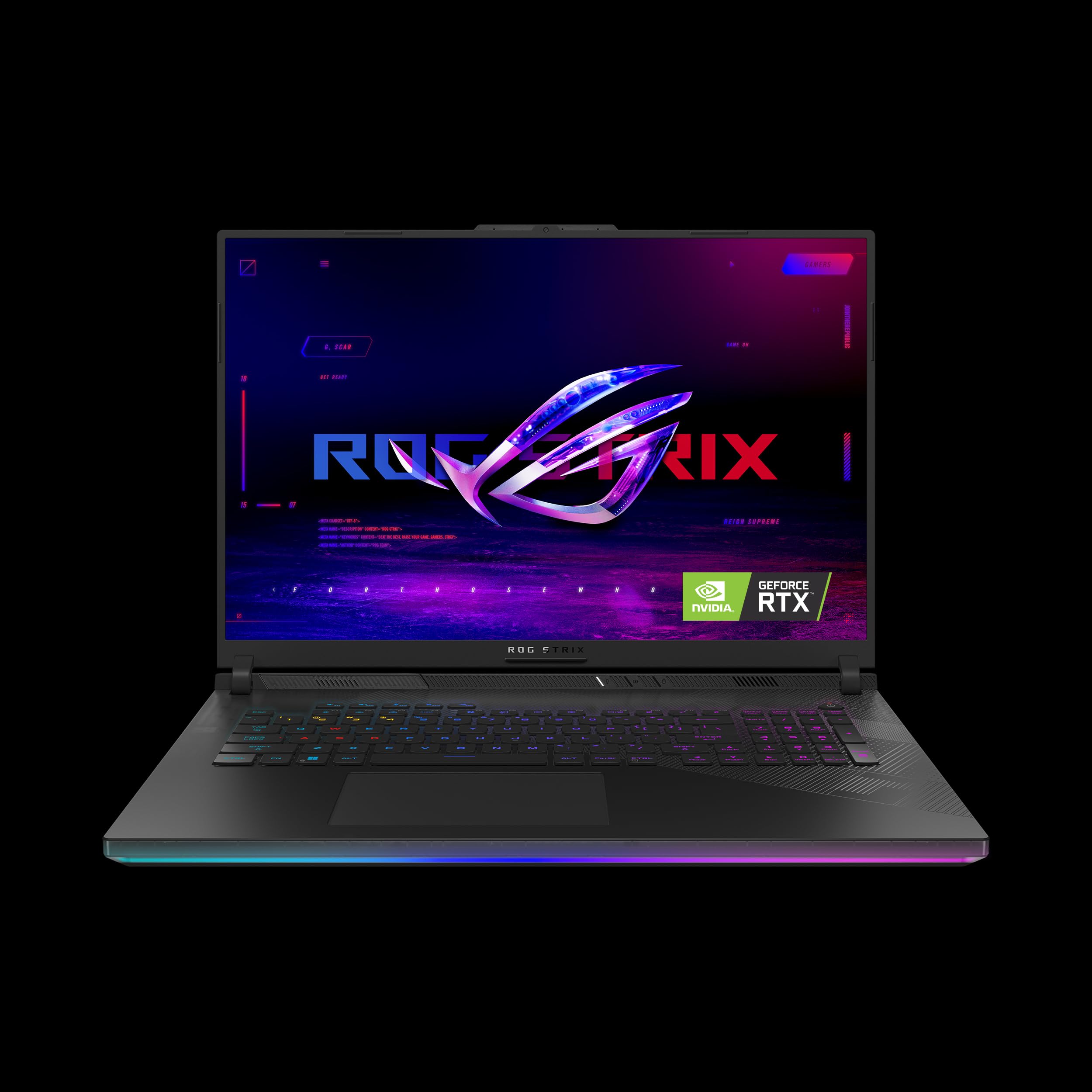 لپ تاپ گیمینگ ASUS ROG Strix SCAR 18 G834JZR-I9642G Off Black، دارای پردازنده i9-14900HX، حافظه 64 گیگابایت، 1 ترابایت + 1 ترابایت Performance SSD، کارت گرافیک NV RTX4080، ویندوز 11 هوم، صفحه نمایش QHD 240Hz 8 اینچ، وبکم، RGB-Eng-Arb-KB + کوله‌پشتی ROG + ماوس گیمینگ Intel Core i9-14900HX 64GB/1TB + 1 TB SSD RTX 4080 Off Black