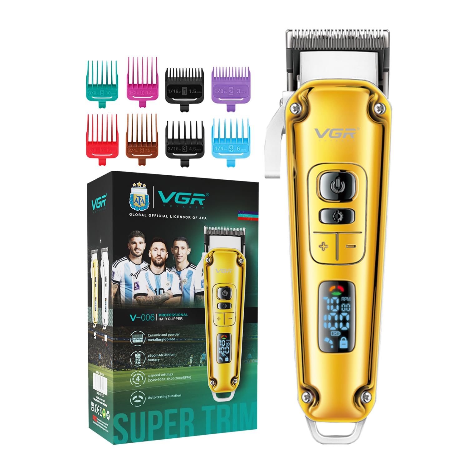 وی جی آر V-006 از جمع کننده حرفه ای مو، تراکم برای سالن با نمایشگر دیجیتال، دکمه لوکس، تیغه سرامیک، 8 شانه برش، زمان کارکرد 250 دقیقه، باتری لیتیوم 2600 میلی آمپر ساعت (طلایی) گارانتی 1 سال