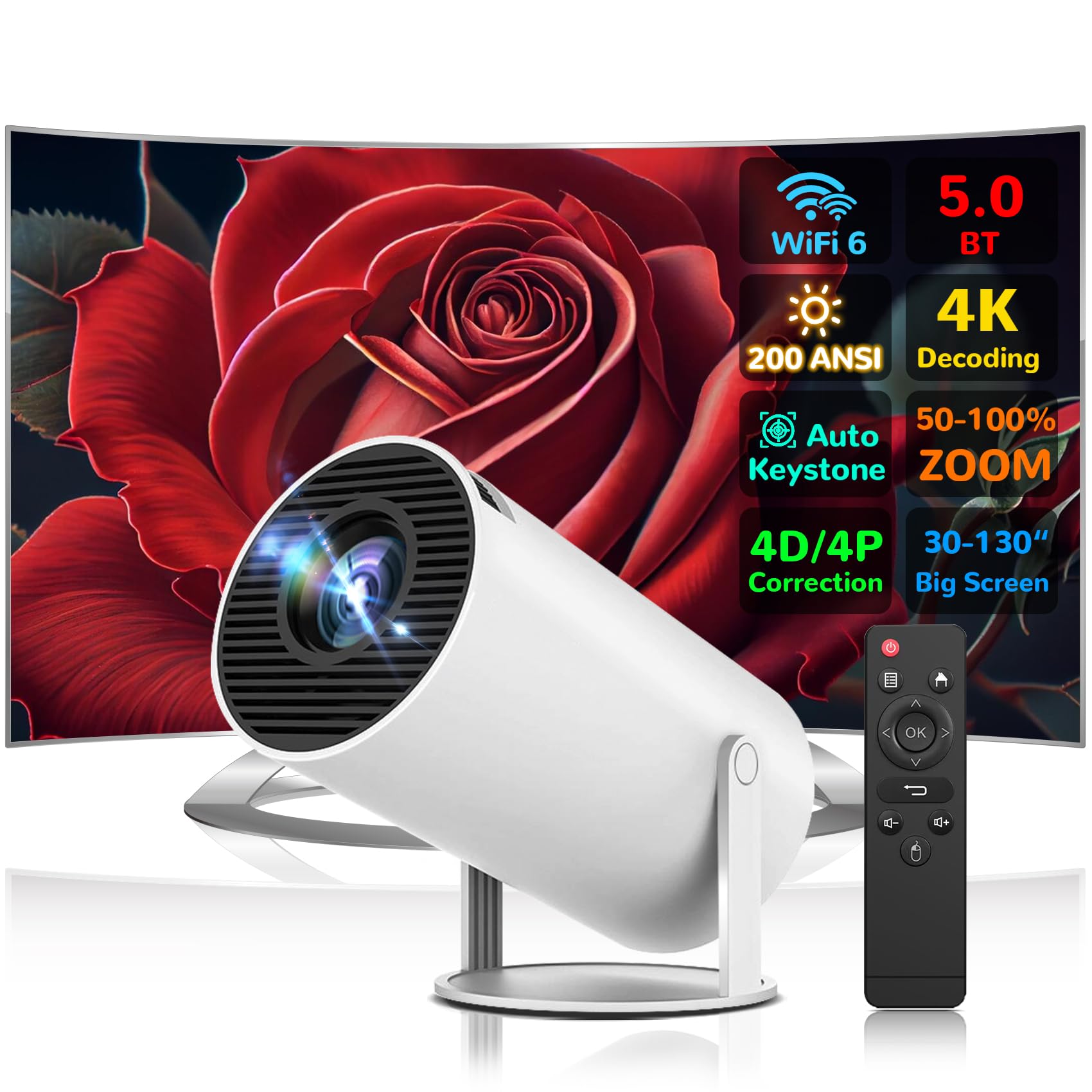 پروژکتور قابل حمل CCosycost، پروژکتور کی‌استون اتومبیلی 4K با 200 ANSI، پروژکتور هوشمند با WiFi 6 BT 5.0، چرخش 270 درجه، سیستم عامل اندروید 11.0 داخلی، پروژکتور سینمای خانگی HY300-1