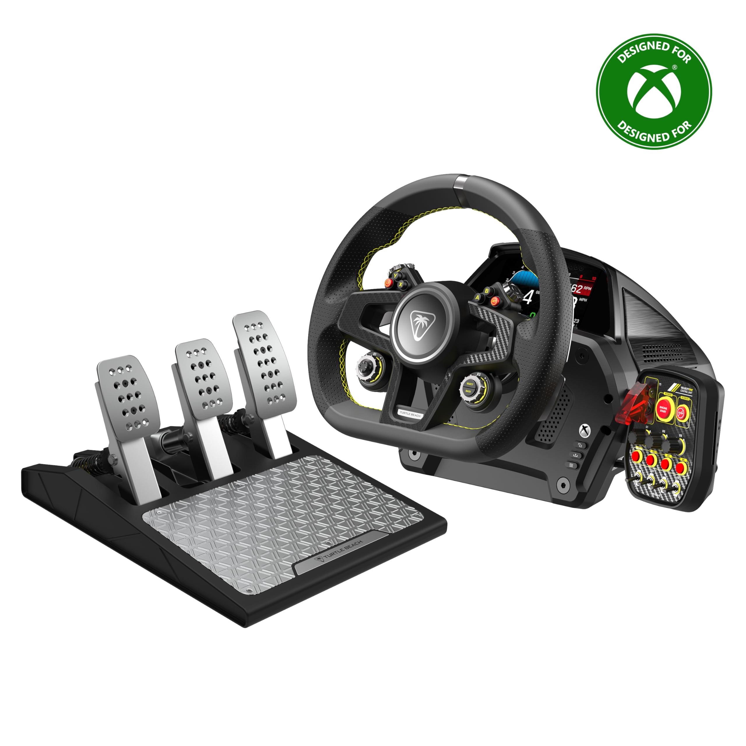 Turtle Beach VelocityOne دسته و پدال سیستم مسابقه‌ای مجوزدار برای Xbox Series X|S، Xbox One، ویندوز ۱۰ و ۱۱ - بازخورد نیرو، سه پدال و شیفترهای مغناطیسی، سنسورهای اثر هال VelocityOne Race