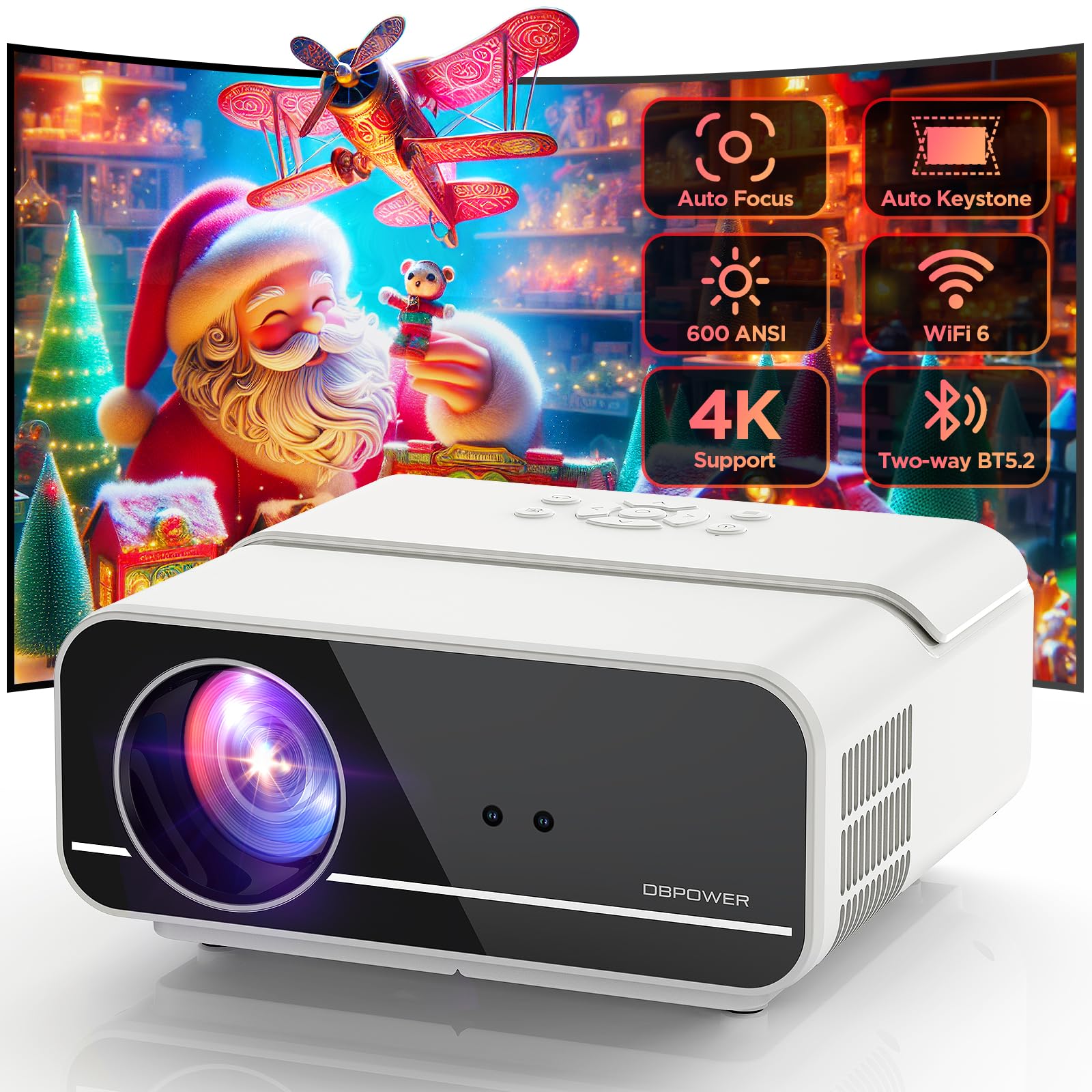 پروژکتور 4K DBPOWER با فوکوس خودکار/ Keystone و وای فای 5G و بلوتوث، پروژکتور سینمایی فول اچ‌دی 600ANSI نیتیو 1080P با فرمت چهارگانه چهار ضلعی/ پیپی‌تی/ زوم، پروژکتور خانگی کوچک قابل اتصال به تلویزیون استیک/ کامپیوتر شخصی/ دی‌وی‌دی