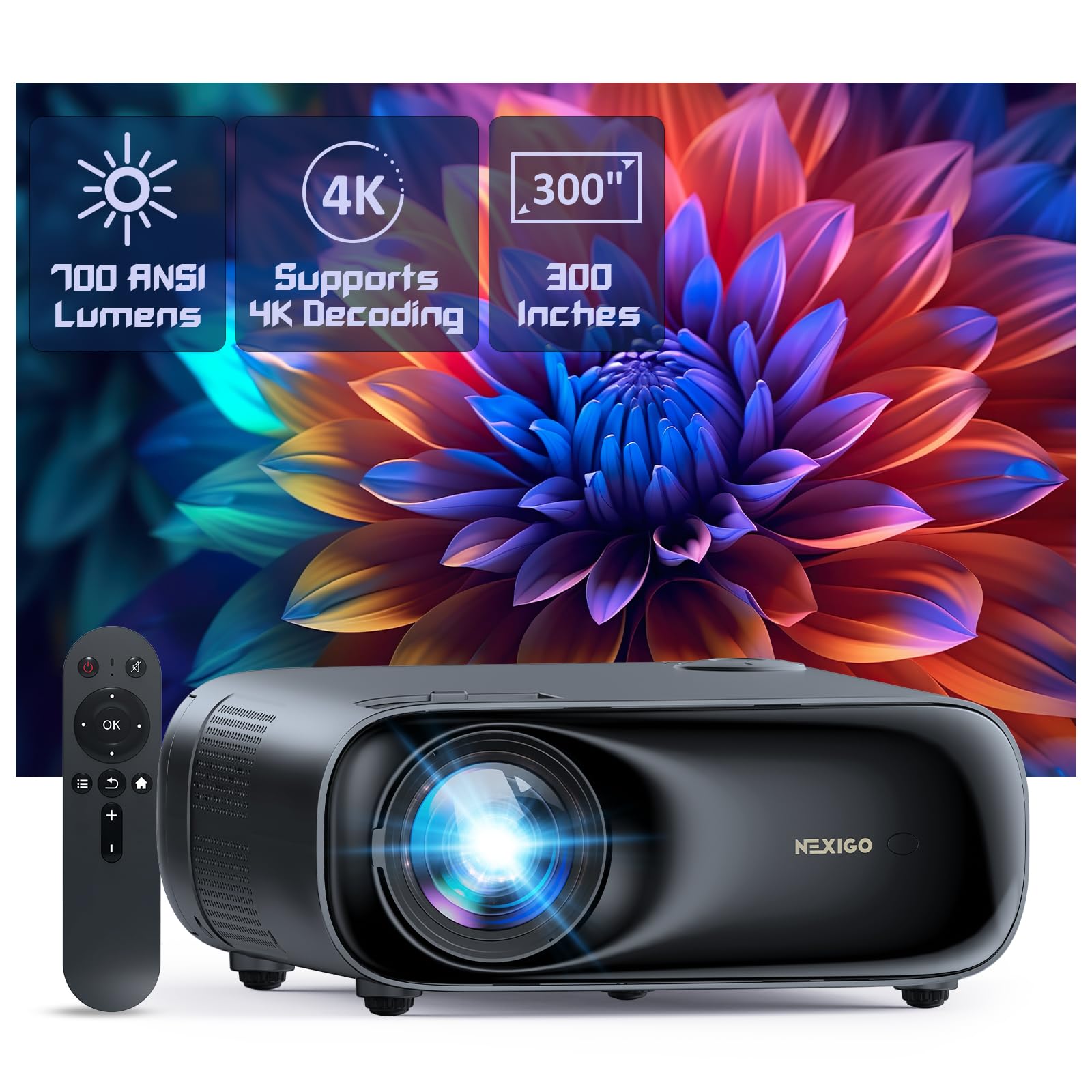 پروژکتور NexiGo PJ40 (نسل سوم) با وای فای و بلوتوث، کالیبره شده به D65، دارای رزولوشن 1080P طبیعی، پشتیبانی از 4K، پروژکتور برای فیلم‌های خارجی، بلندگو‌های 20 واتی، تئاتر منزل، سازگار با استیک تلویزیون، iOS، اندروید
