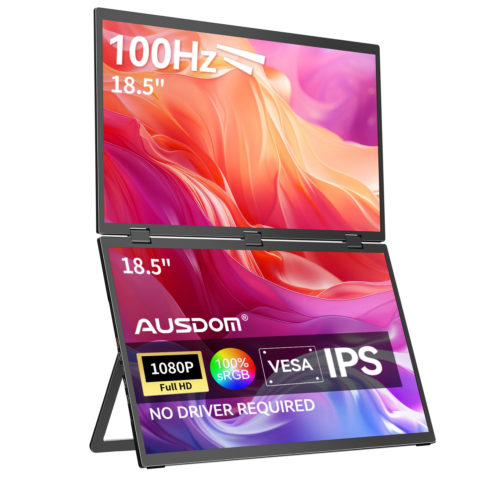 صفحه نمایش قابل حمل دوگانه AUSDOM 18.5 اینچ برای لپ تاپ، 100Hz 1080P تاش Screen Extender قابل انعطاف، نمایشگر خارجی دوگانه با تاش و VESA، USB-C، mini-HDMI، نمایشگر سفر برای وین/مک، مشکی 18.5 اینچ دوگانه