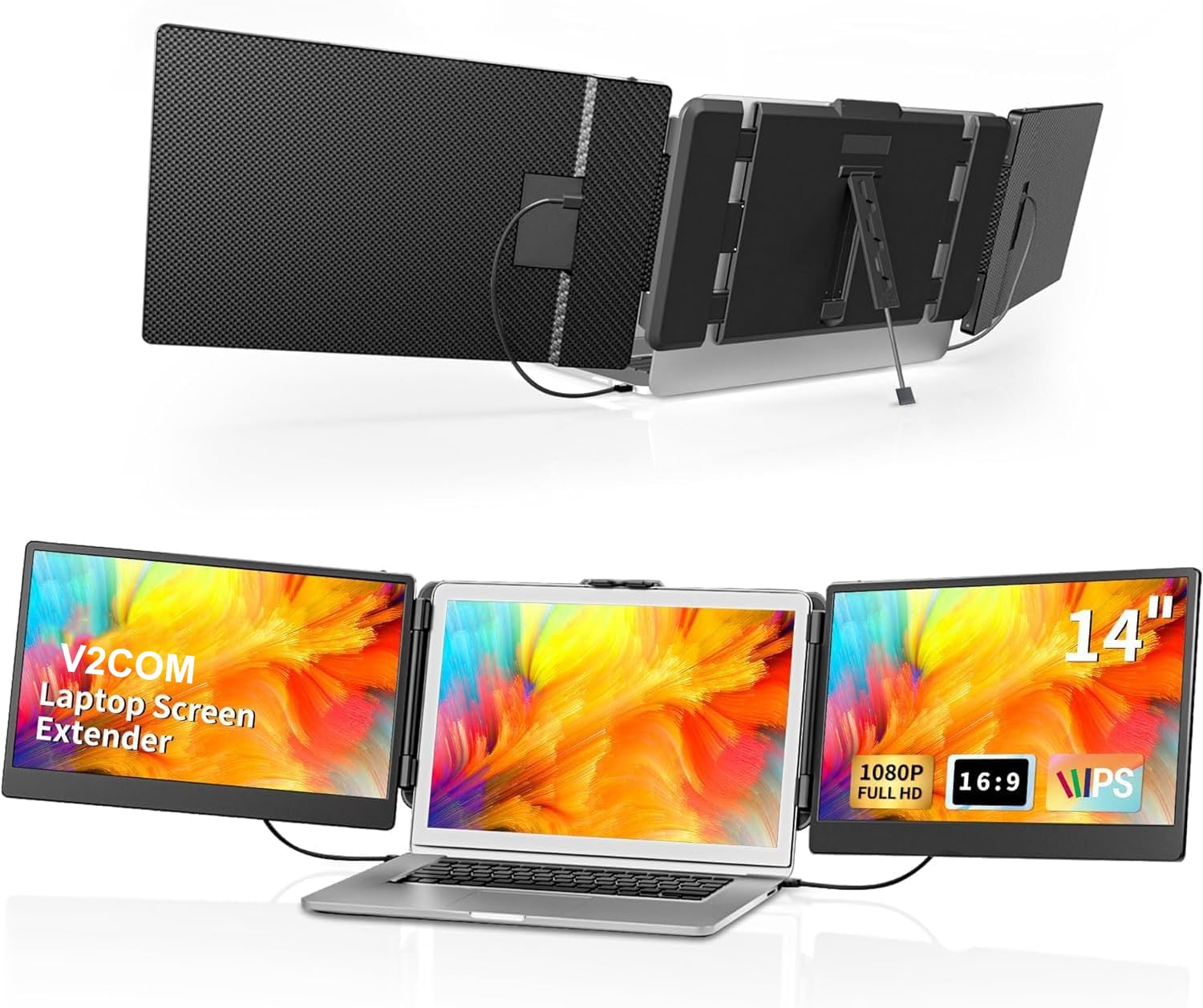 V2COM لپ تاپ تریپل اسکرین اکستندر - 14 اینچ ایپی اس اف اچ دی 1080 پی HDMI/USB-A/تایپ-سی مانیتور تمدید شده برای لپ تاپ (حداکثر طول: 15.94 اینچ) سازگار با ویندوز مک، سفر، بازی و کار S2 / Trip 14 اینچ