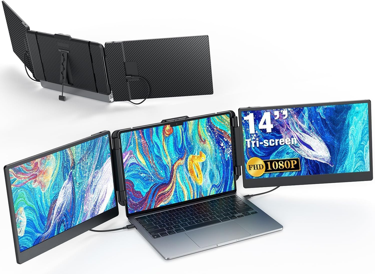 وی 2COM 14 اینچ صفحه نمایش سه گانه لپتاپ، دوبل مانیتور قابل حمل 1080P FHD برای لپتاپ USB C HDMI، مانیتور Plug-play برای مک/ویندوز، مناسب برای لپتاپ‌های 13 الی 17.3 اینچ
