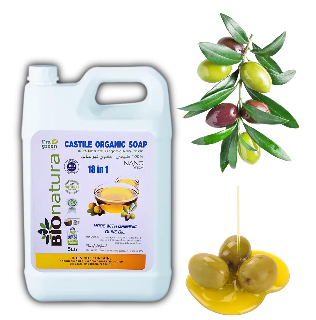 Bioneat Organic,Pure Castile Liquid Soap - 100% طبیعی, ساخته شده با روغن های ارگانیک, 18 کاربرد در 1: صورت, بدن, مو, لباسشویی, حیوانات خانگی و ظروف, تمرکز شده, گیاهی, غیر-GMO, غیر سمی - 1لیتر (5 لیتر)