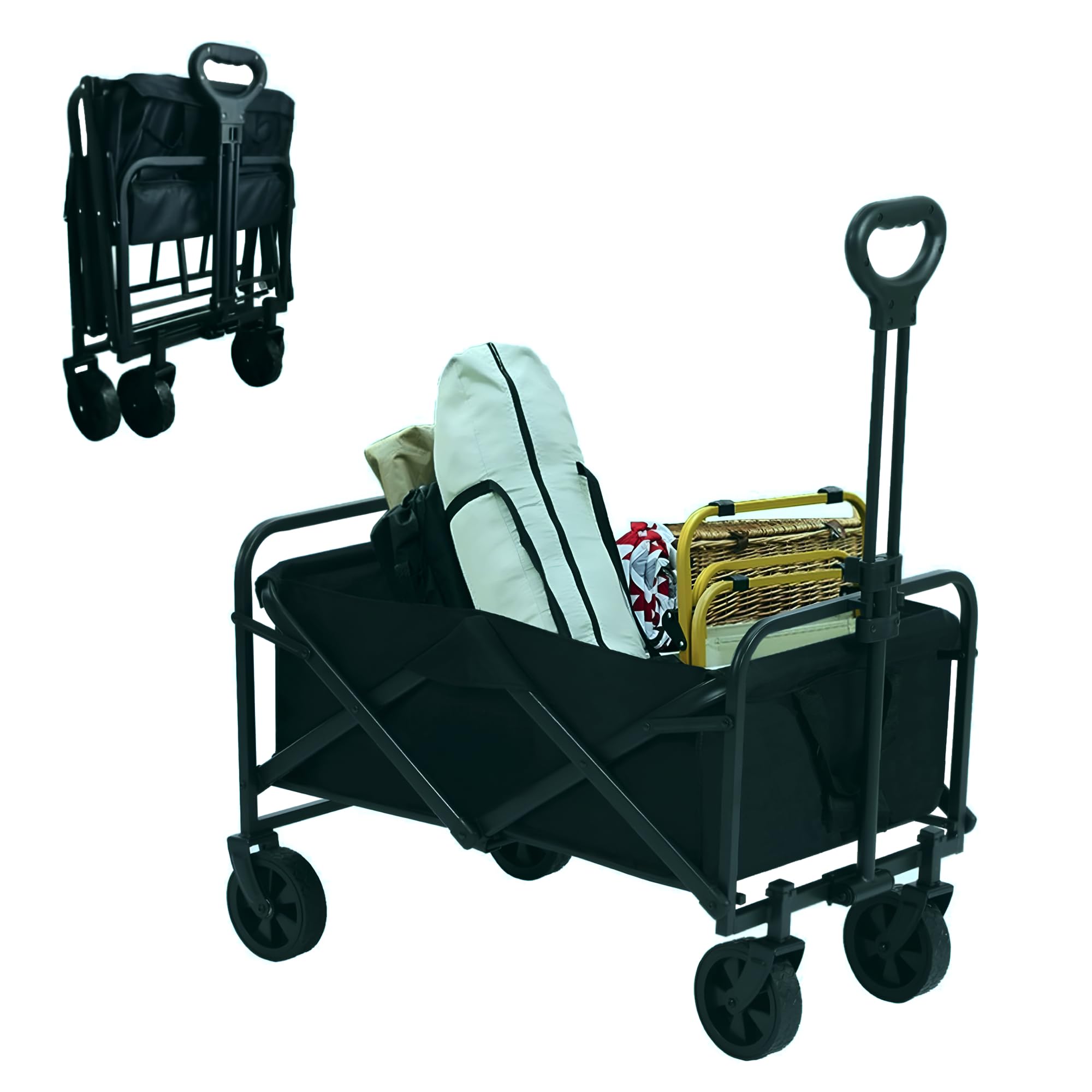 واگن چندكاره قابل تاشوی HEXAR® برای استفاده در فضای باز، کارت ساحل با ظرفیت بزرگ، کارت باغ با دسته قابل تنظیم و چرخ دوار برای کمپینگ و ذخیره سازی (مدل سیاه کوچک)