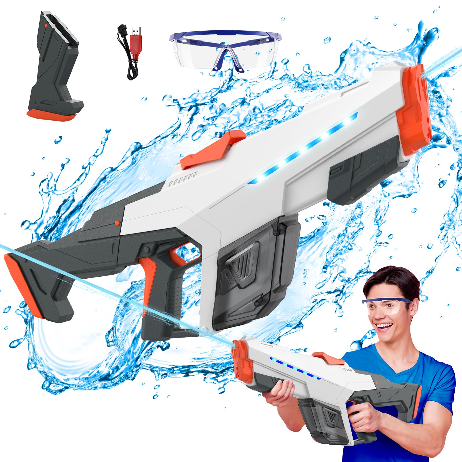 Skirfy Electric Water Gun for Adult Kids, Outdoor Automatic Water Suction Water Toys Squirt 32 FT Range,Summer Beach Pool Lawn Party Games Grey