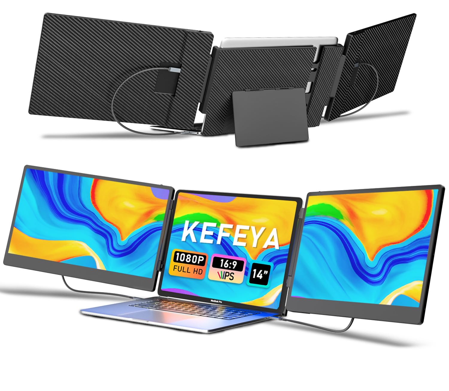 KEFEYA Laptop Screen Extender، نمایشگر قابل حمل 14 اینچی FHD 1080P IPS برای لپ تاپ 13-17 اینچی با پورت USB-C / HDMI، نمایشگر لپ تاپ برای ویندوز / مک / کروم / سرفیس / سوئیچ / PS5، پلاگ اند پلی 14.2 اینچی Triple Screen Extender