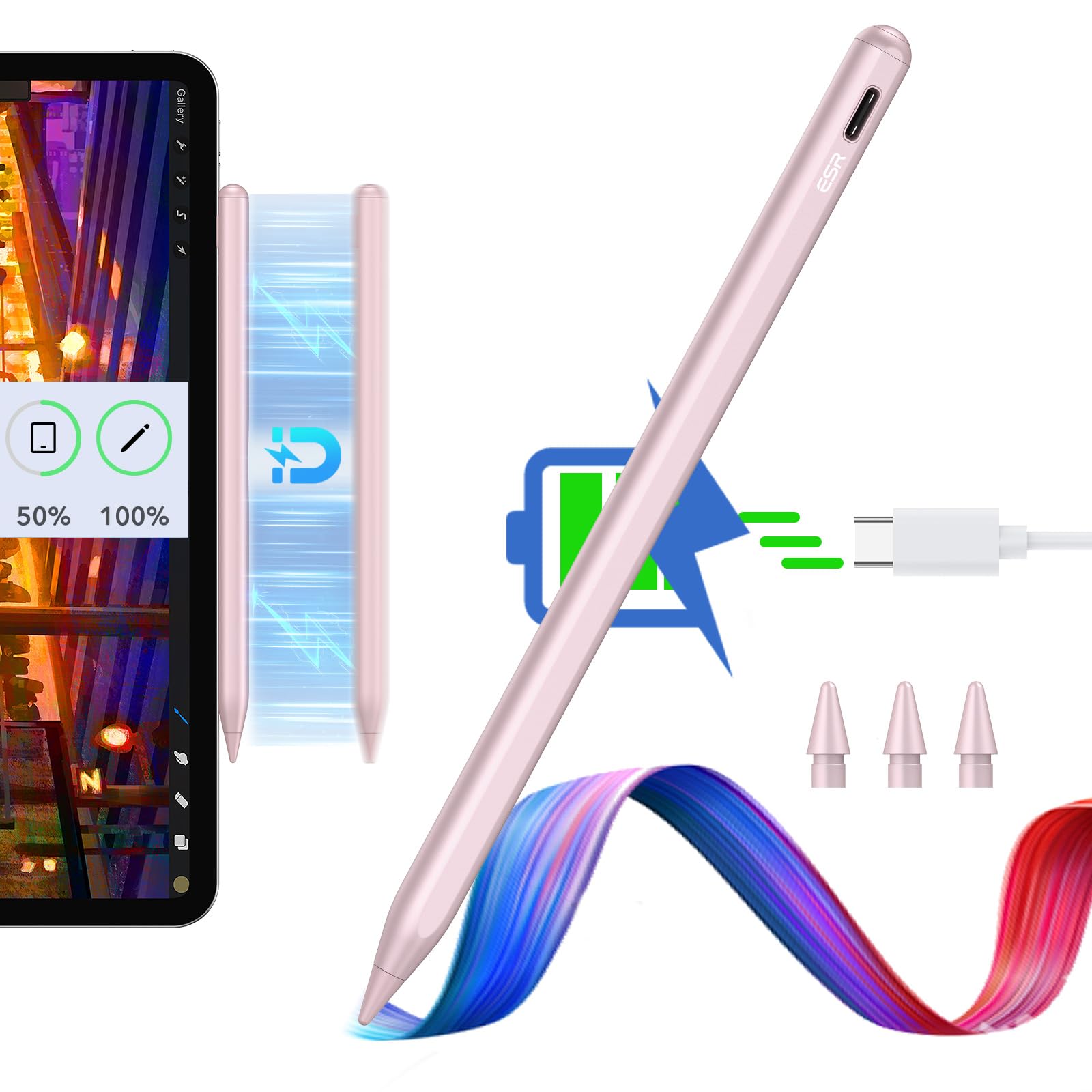قلم فنر ESR برای iPad، شارژ بی‌سیم مغناطیسی Apple Pencil، قلم دیجیتال Pro با حساسیت تیلت و ردیاب پالم برای iPad Pro 12.9 / 11، iPad Air 5/4 ، و iPad Mini 6، صورتی.

شارژ بی‌سیم پنسیل شارژ بی‌سیم - صورتی