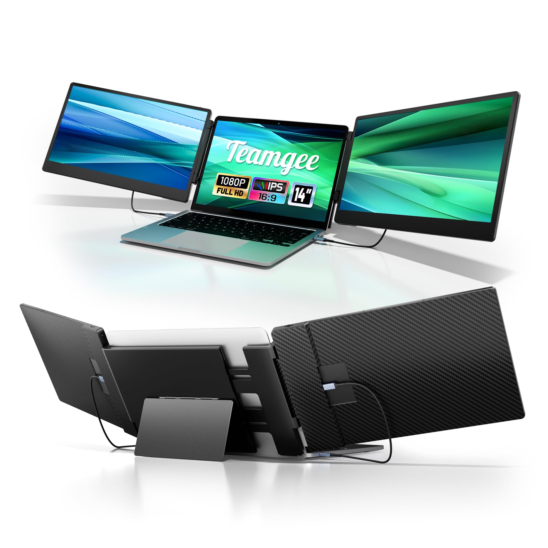 مانیتور قابل حمل Teamgee 14 اینچ برای لپ تاپ، مانیتور دوگانه سه بخشی IPS FHD برای لپ تاپ برای ویندوز مک کروم 14.3 اینچ