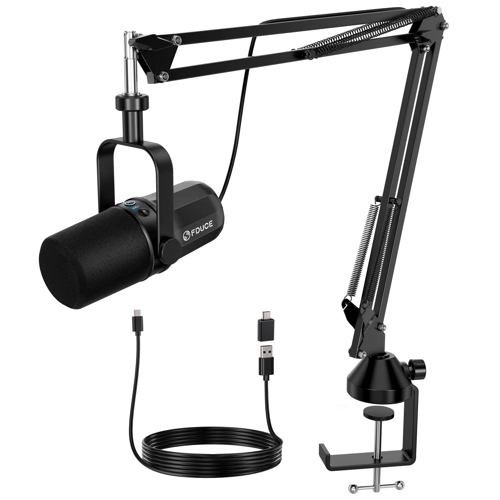 میکروفون داینامیک FDUCE ، میکروفون XLR/USB برای ضبط پادکست و صدای وکال در استریمینگ، میکروفون استودیویی فلزی با حالت بیصدا، جک هدفون، کنترل حجم مانیتورینگ، همراه با بازوی بوم (SL40+) SL40 با بازوی بوم