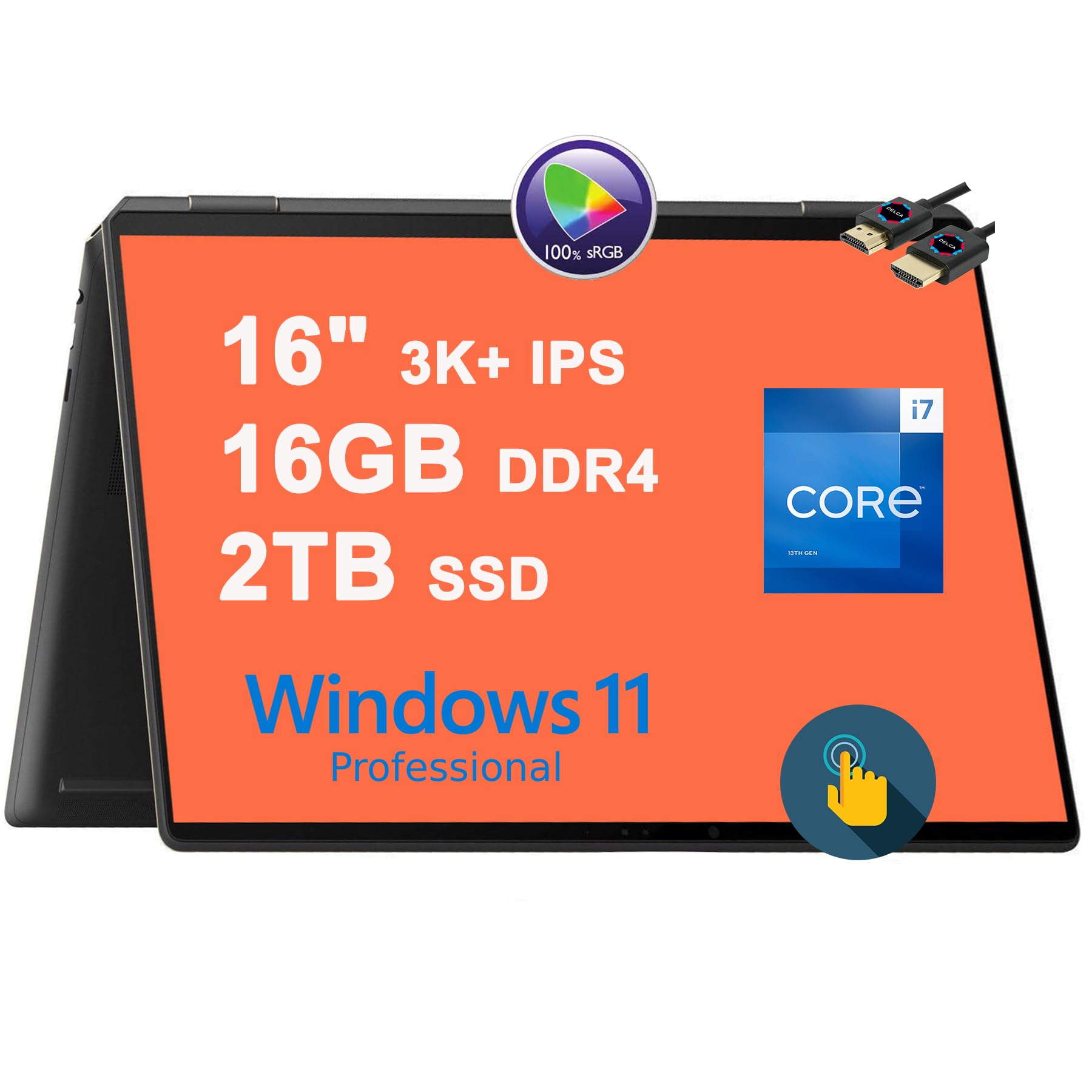 لپ تاپ HP Spectre X360 16 2-in-1 | 16 اینچ 3K+ IPS Multi-Touch 100٪ sRGB 400 نیت | Intel نسل 13- Core i7-13700H | 16 گیگابایت DDR4 2 ترابایت SSD | صفحه کلید با نور پس زمینه اثر انگشت Thunderbolt Win11Pro مشکی + کابل HDMI