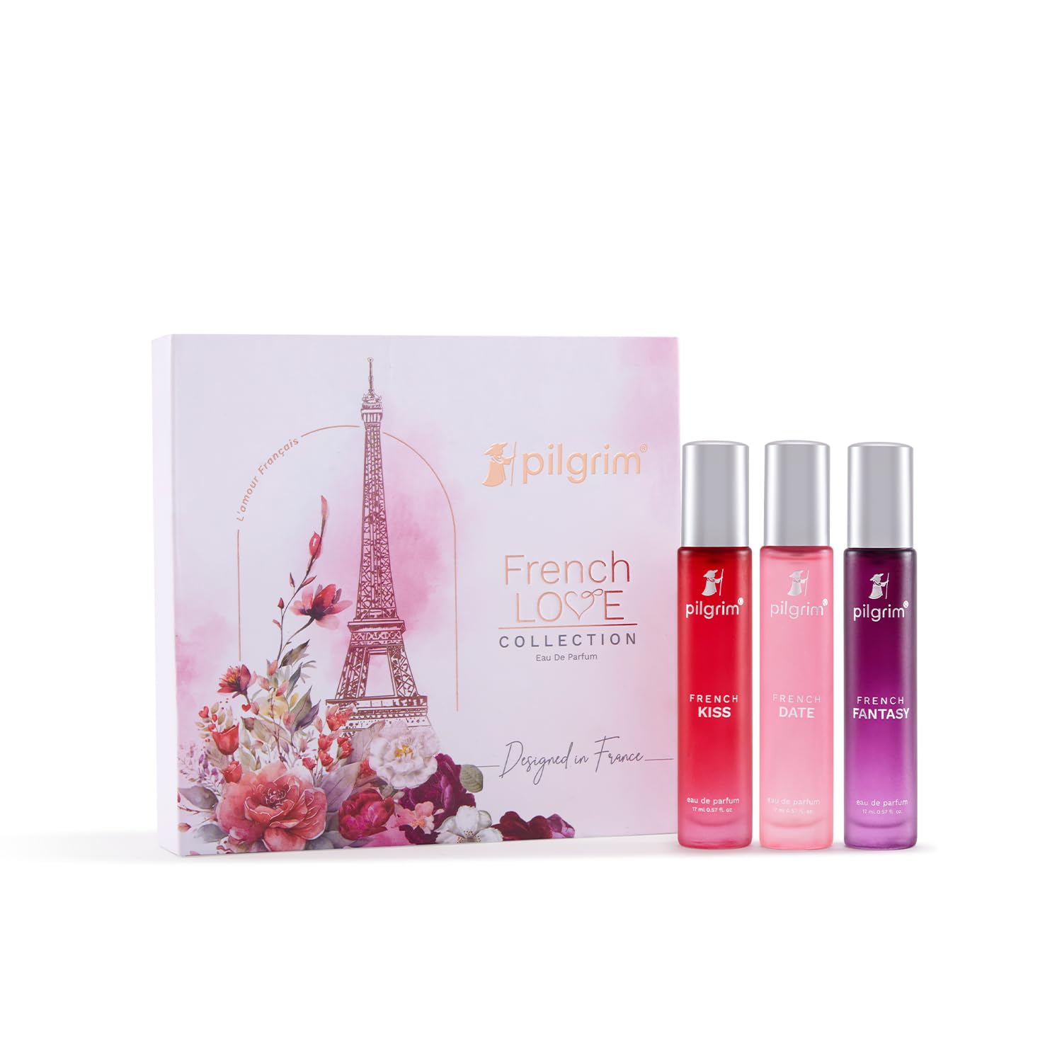 مجموعه هدیه ادکلن اروسول پریمیوم مجموعه عطرهای عاشقانه فرانسوی زنان پیلگریم 3X17 میلی‌لیتر | عطر اروسول با ماندگاری طولانی | او دو پارفوم | طراحی شده در فرانسه | عطر گلی، شرقی و سبزنتی امبر به نشاط