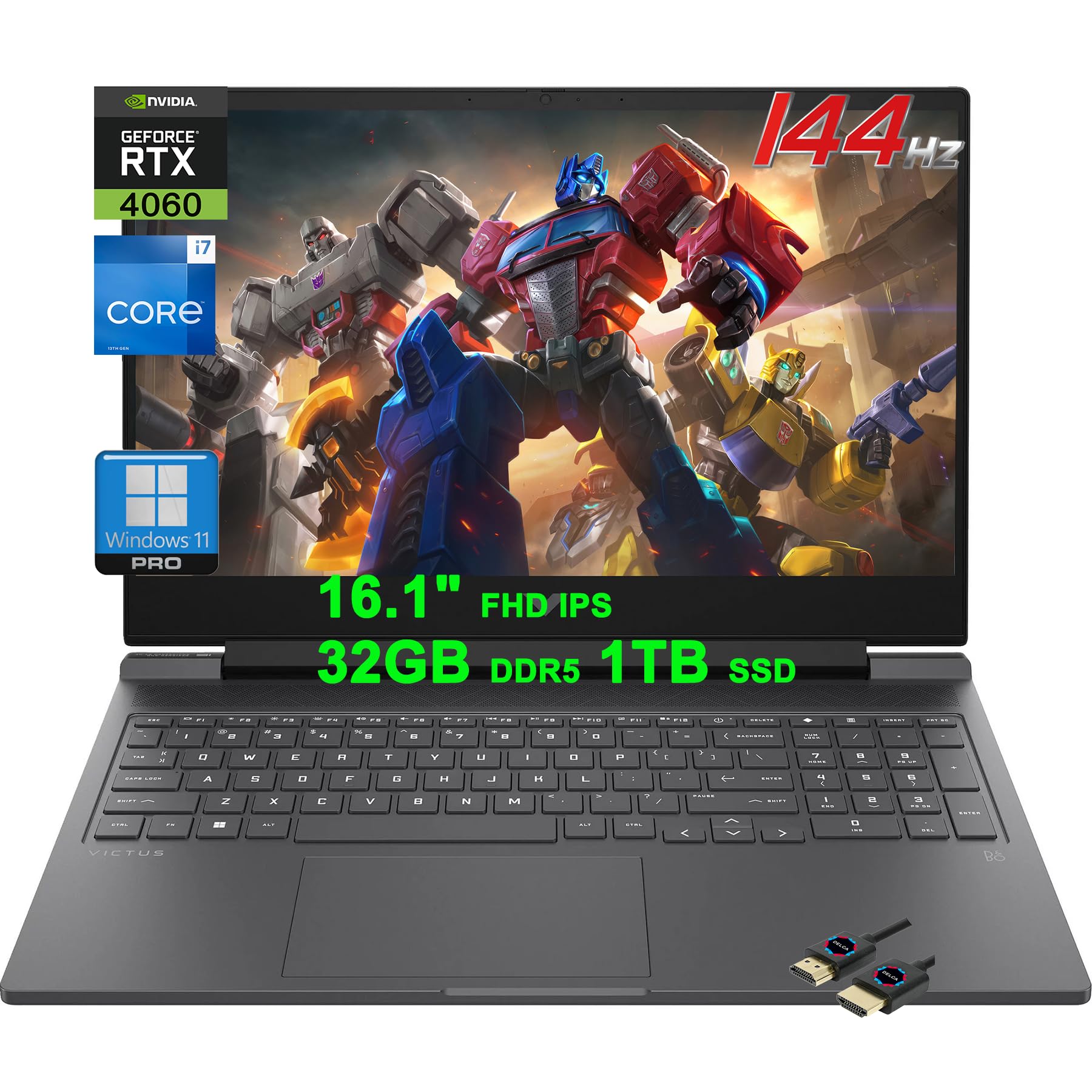 لپ تاپ بازی HP Victus | صفحه نمایش 16.1 اینچ FHD IPS 144Hz | اینتل i7-13700HX >i9-12900HX 16 کور | 32 گیگابایت DDR5 1 ترابایت حافظه داخلی | گرافیک GeForce RTX 4060 8 گیگابایت | نور پس زمینه، شارژ سریع USB-C، ویندوز 11 پرو، رنگ مشکی + کابل HDMI