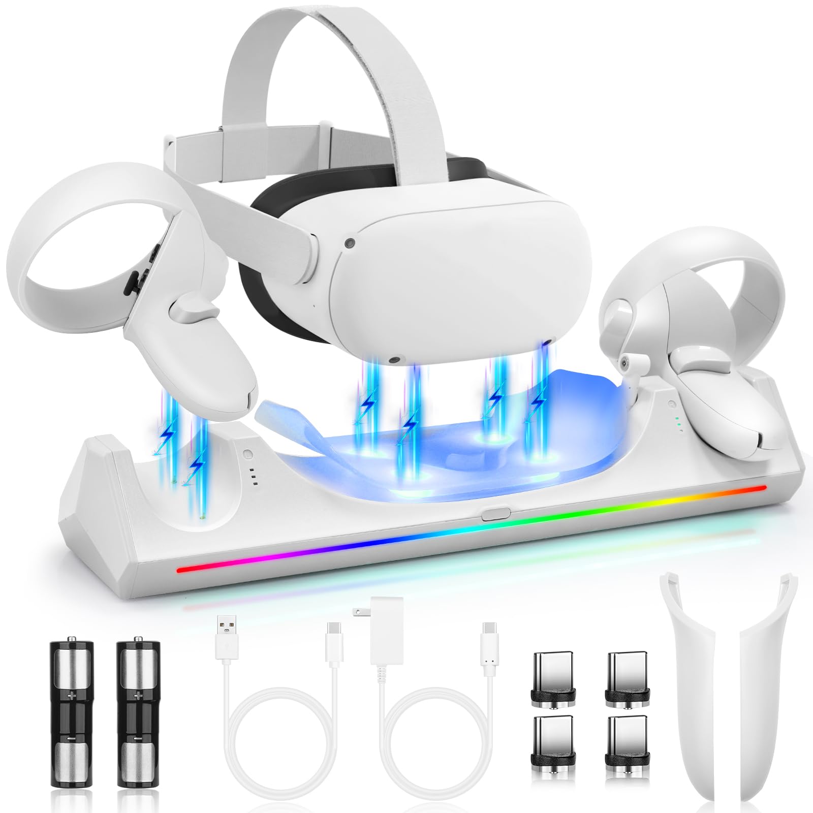 پایه شارژ Hurra برای Meta Quest 2، ایستگاه شارژ واقعیت مجازی برای Oculus Quest 2 با نشانگر LED / شارژر مغناطیسی هدست و کنترلرهای لمسی، همراه با 2 باتری قابل شارژ، شارژر و کابل USB-C